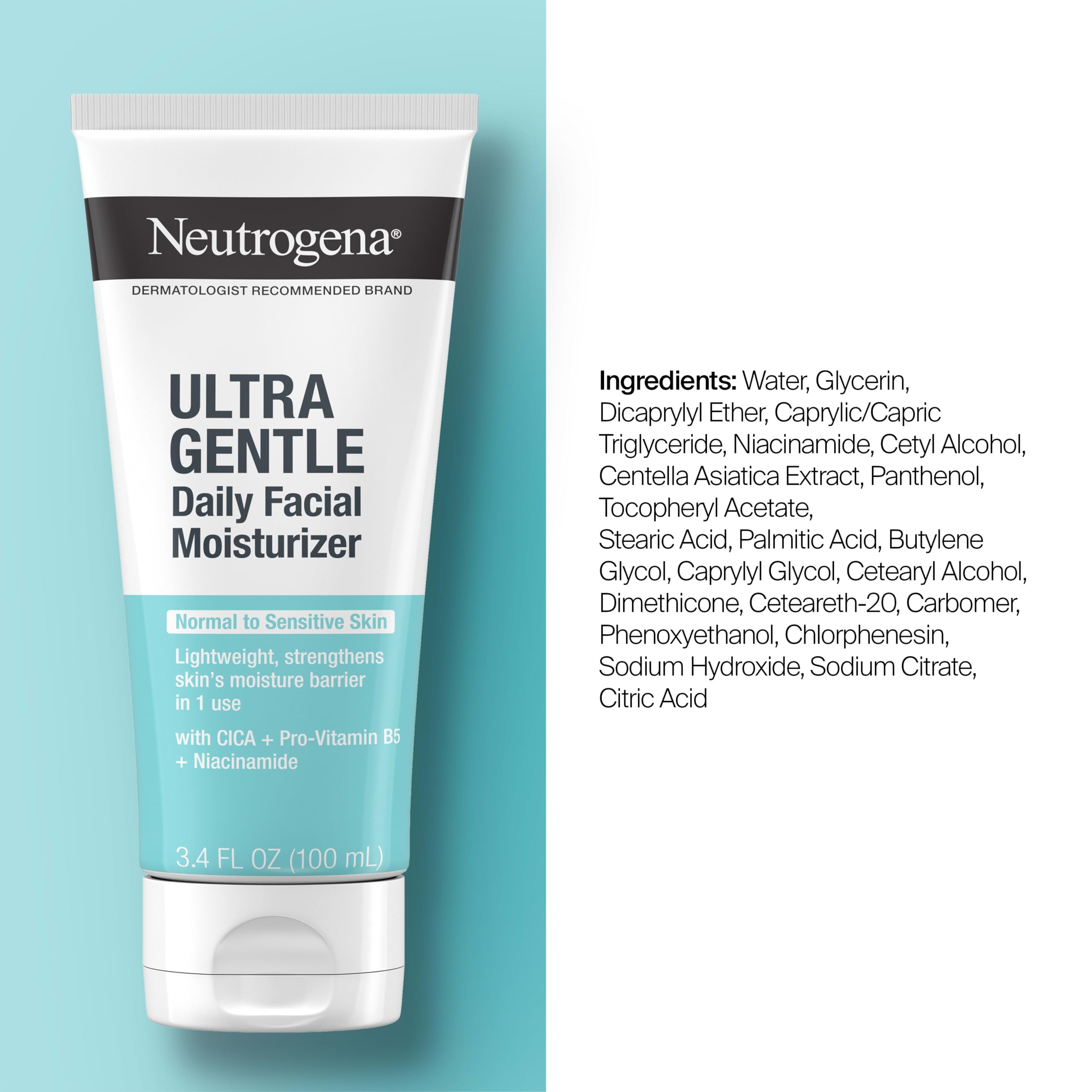 Neutrogena Ultra Gentle Daily Face Moisturizer, Fragrance-Free, 3.4 fl. oz | Suitable for Sensitive Skin, Vitamin B3, Pro-Vitamin B5, Vitamin E, Hydrating Moisturizer
