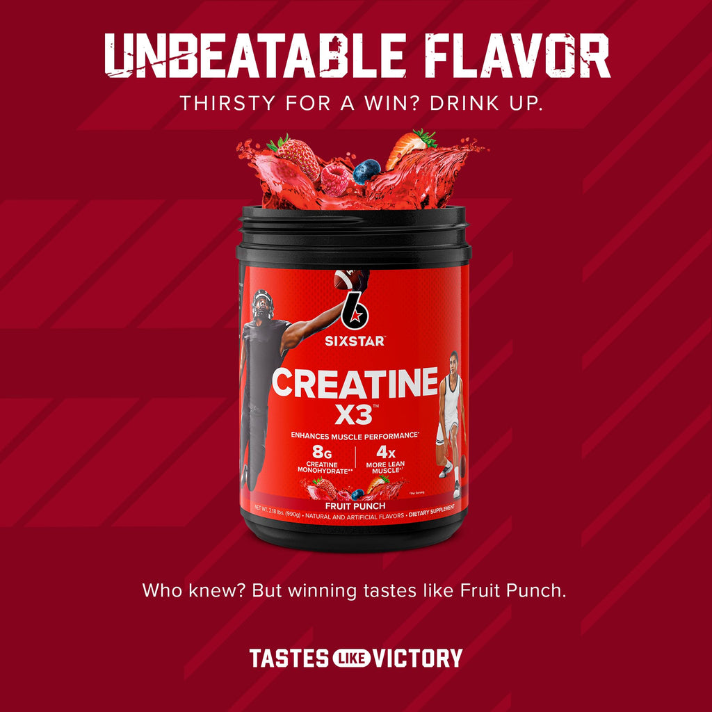 Six Star Creatine Monohydrate Powder, X3 (Fruit Punch) - 30 Servings | Flavored Creatine Powder Monohydrate Supplement for Muscle Building & Performance, Post Workout Supplement for Men, Women