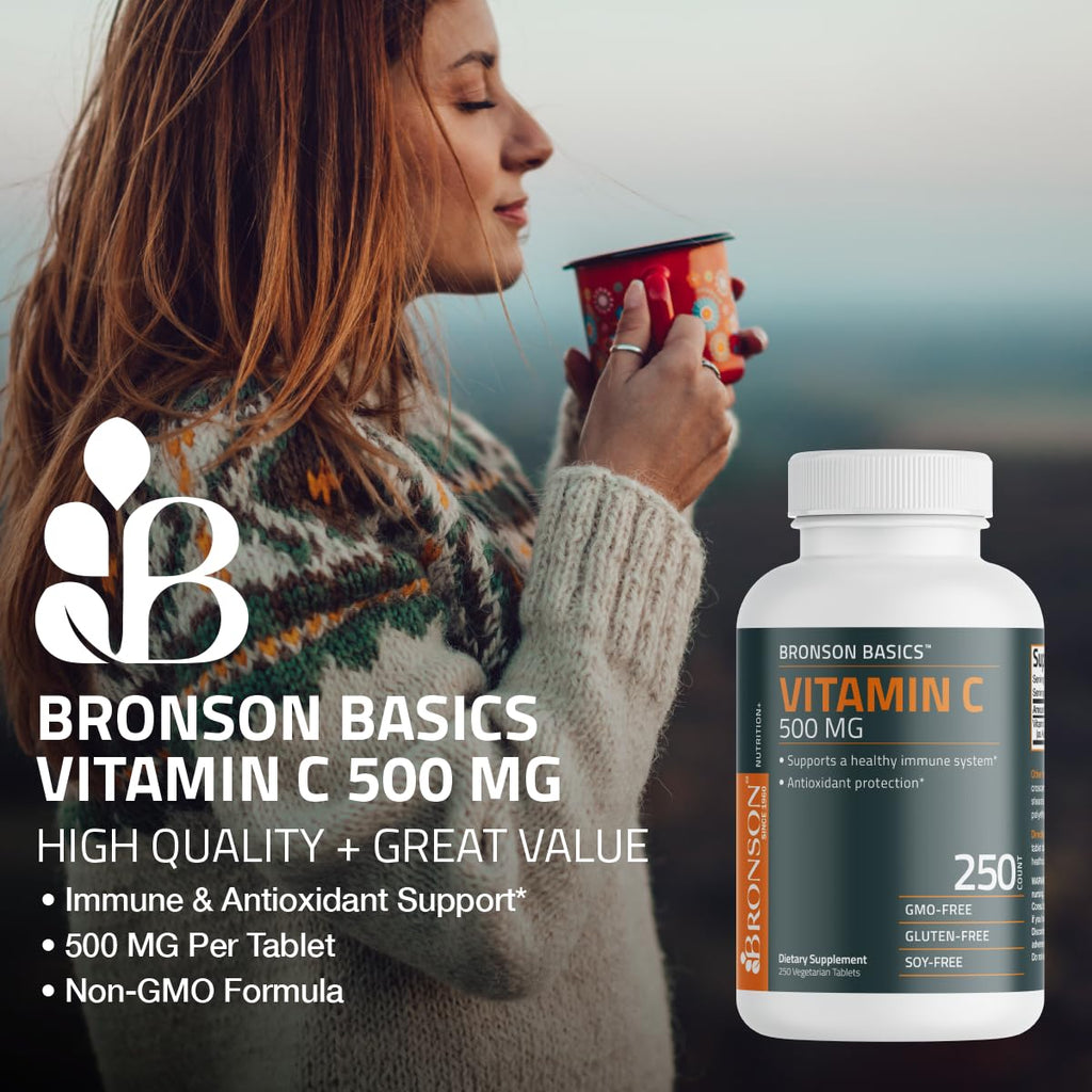 Bronson Vitamin C 500 mg Immune & Antioxidant Support, Non-GMO, 250 Tablets | Daily Vitamin C Replenishment, Vegetarian Formula, Gluten-Free & Soy-Free