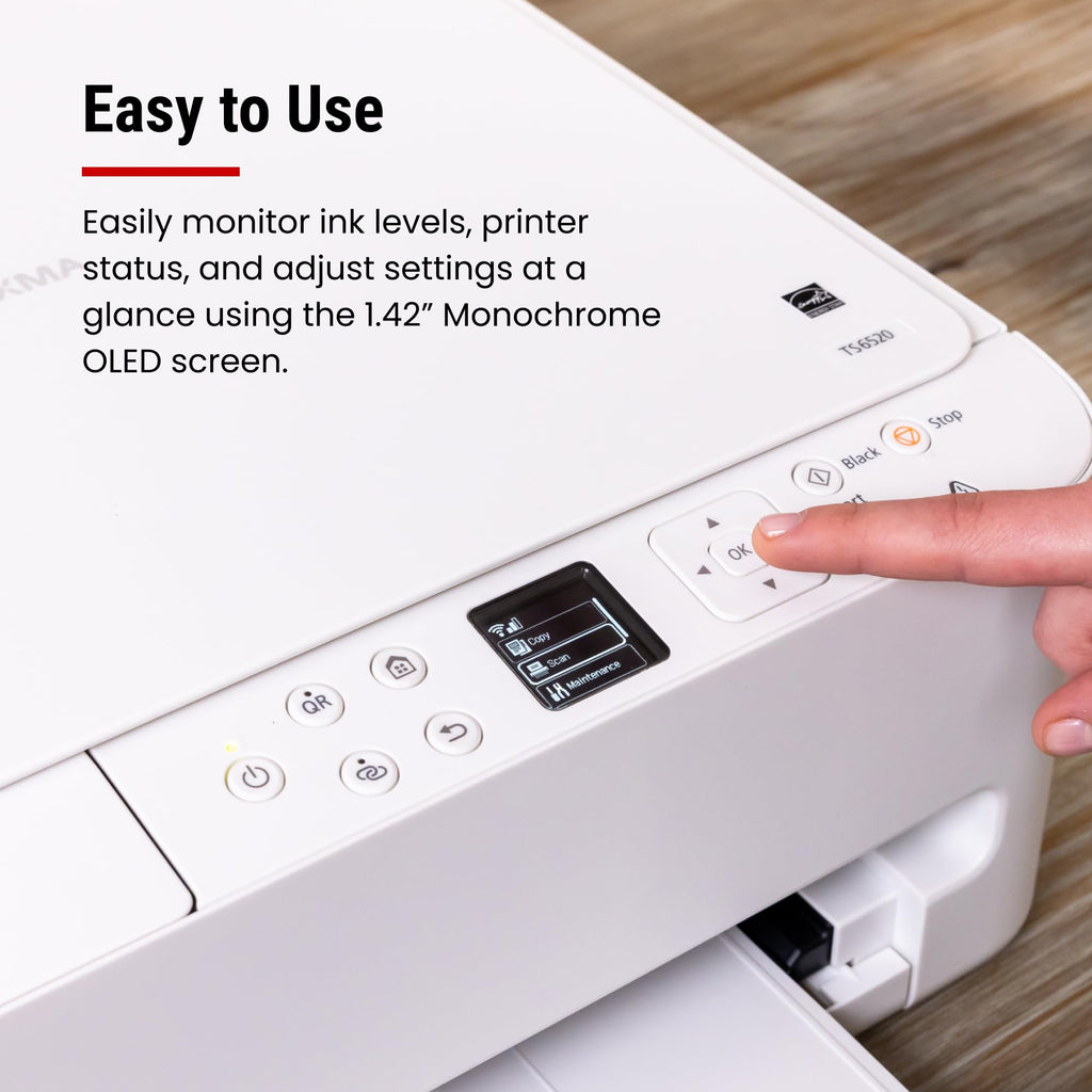 Canon PIXMA TS6520 Wireless Color Inkjet Printer, Duplex Printing, Copier/Scanner, 1.42" OLED Display, Compact, White