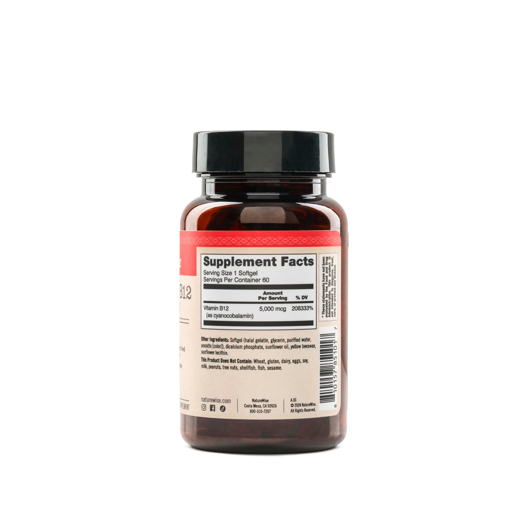 NatureWise Vitamin B12 5000 mcg - Extra Strength - Supplement for Supporting Energy Levels, Mental Clarity, Nervous System Health - Easy-to-Swallow, Soy and Gluten-Free, Non-GMO - 60 Softgels