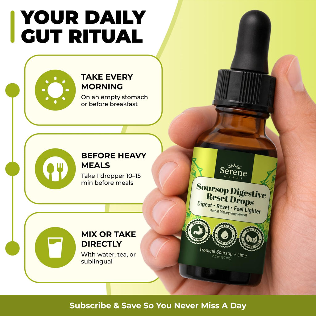 Serene Herbs Soursop Digestive Reset Drops 2 fl oz – Tropical Soursop & Lime Liquid Supplement – Supports Digestion