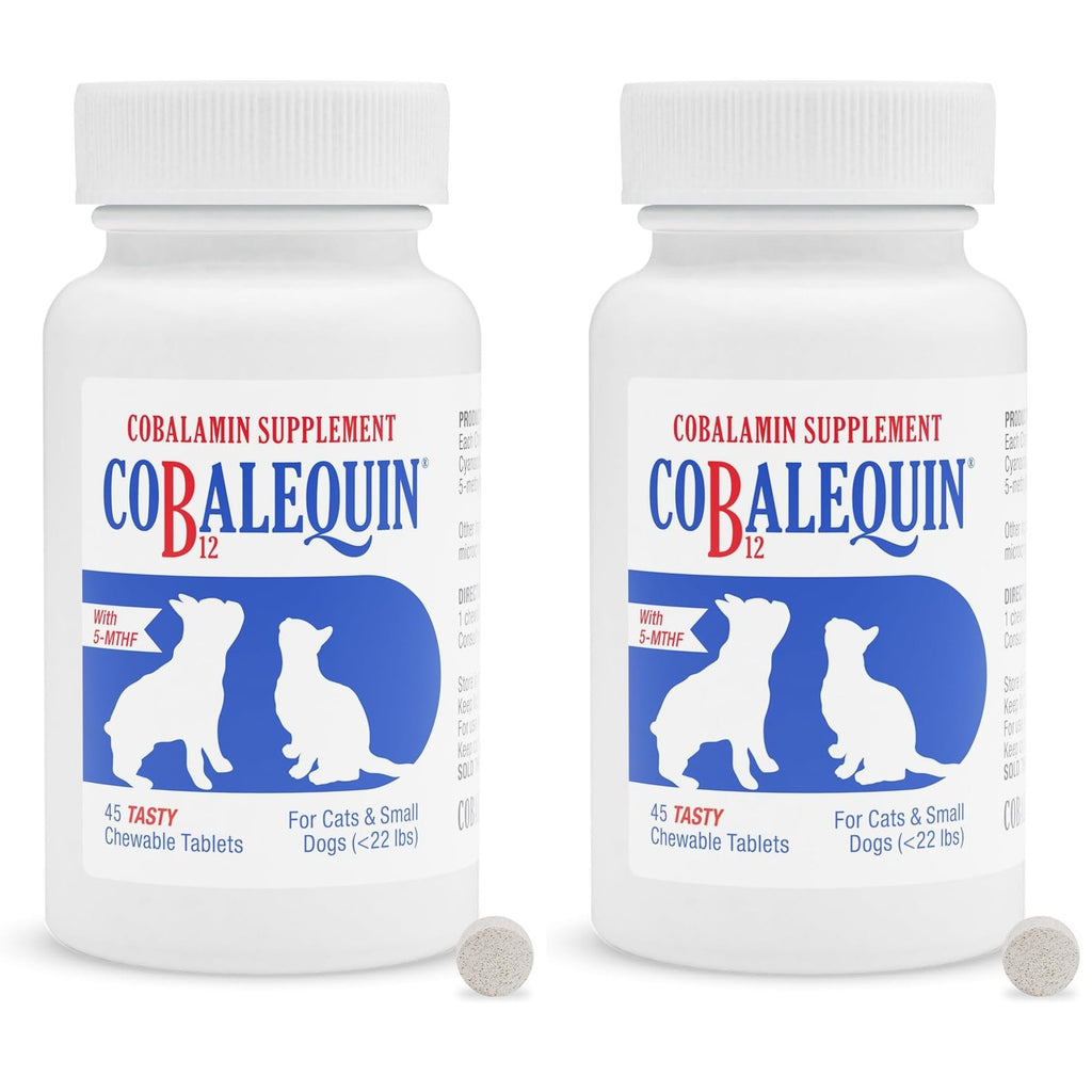 Nutramax Cobalequin B12 for Dogs and Cats, Oral Cobalamin Supplement with Folate, Vitamin B12 for Dogs Under 22 lbs. and Cats, Supports GI Health, Chewable Tablets, 45 Count (Pack of 2)