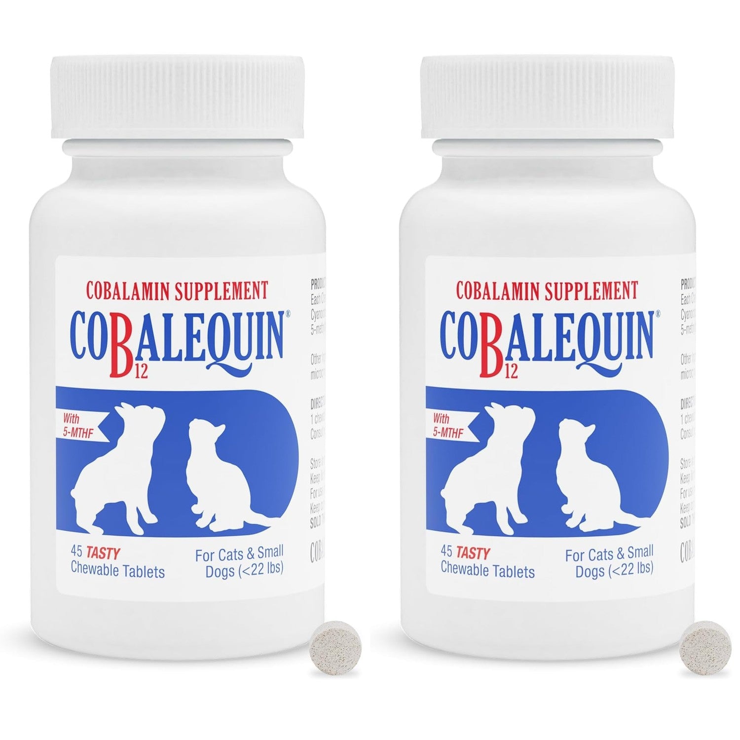 Nutramax Cobalequin B12 for Dogs and Cats, Oral Cobalamin Supplement with Folate, Vitamin B12 for Dogs Under 22 lbs. and Cats, Supports GI Health, Chewable Tablets, 45 Count (Pack of 2)