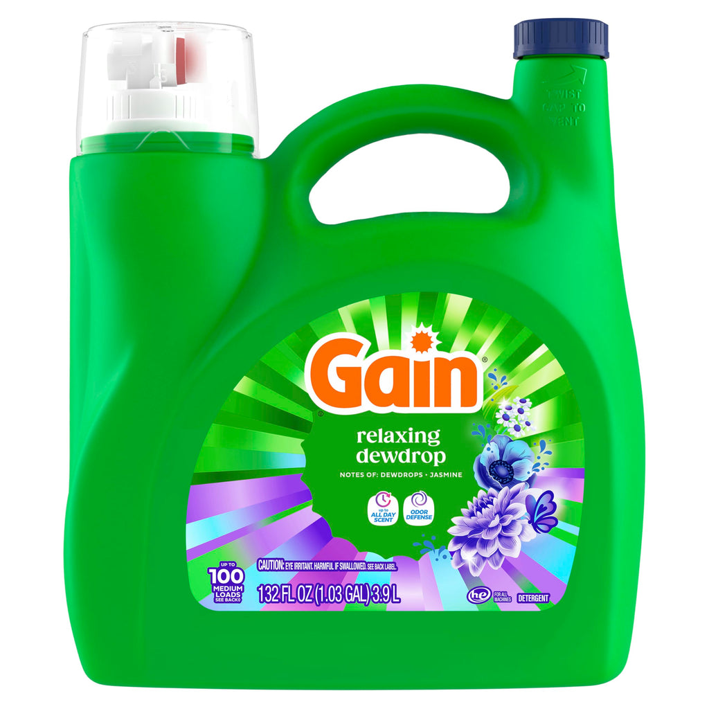 Gain Liquid Laundry Detergent, With Odor Defense, Relaxing Dewdrop Scent, Laundry Soap For HE Washing Machines, 132 fl oz, 100 Loads (Packaging May Vary)