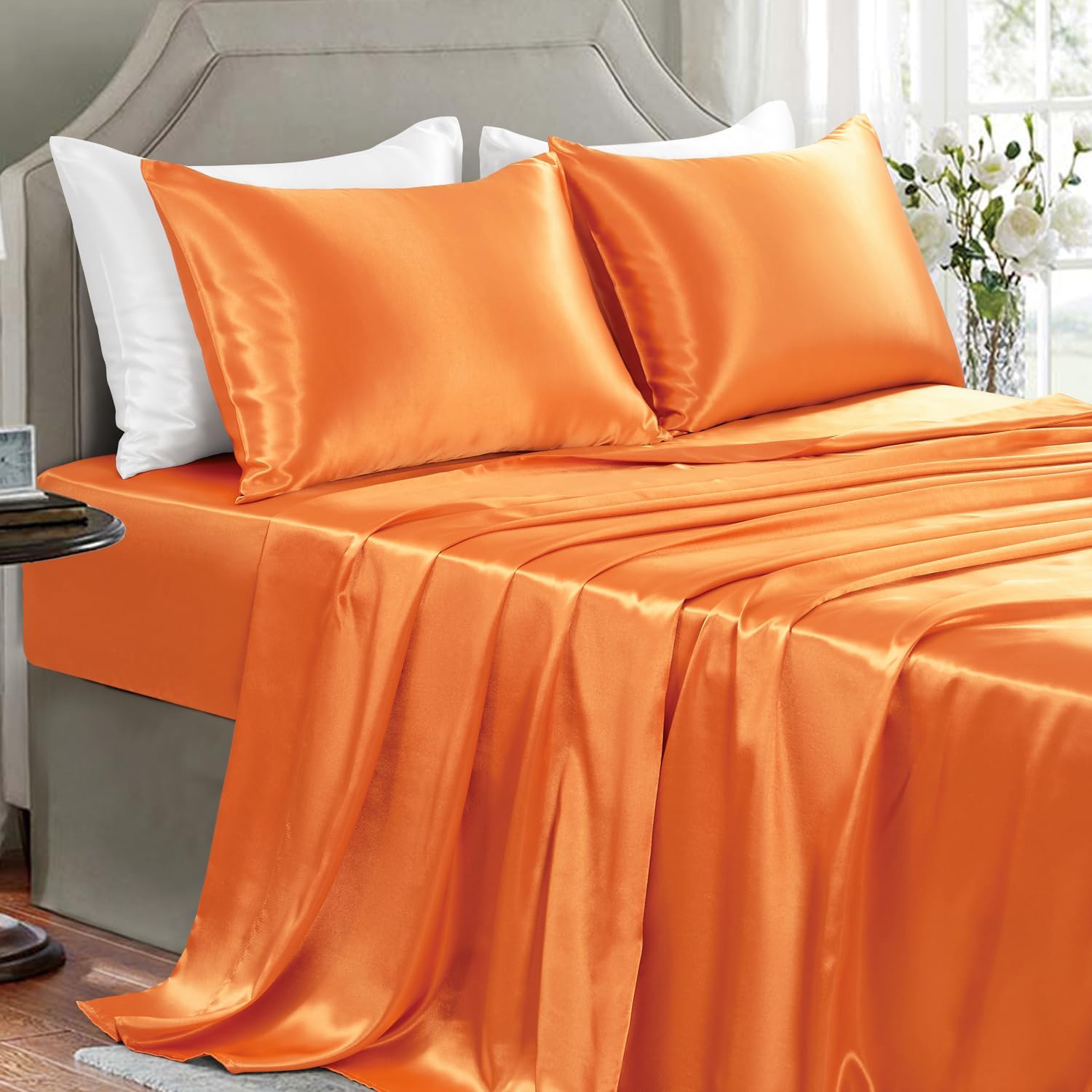 Buy now Satin Sheets King Size - 4 Pieces Luxury Silky Soft Bed Sheets, Wrinkle-Free Gold Satin Silk Sheet Set with 1 Deep Pocket Fitted Sheet, 1 Flat Sheet, 2 Pillow Cases Queen Burnt Orange at indiglob india