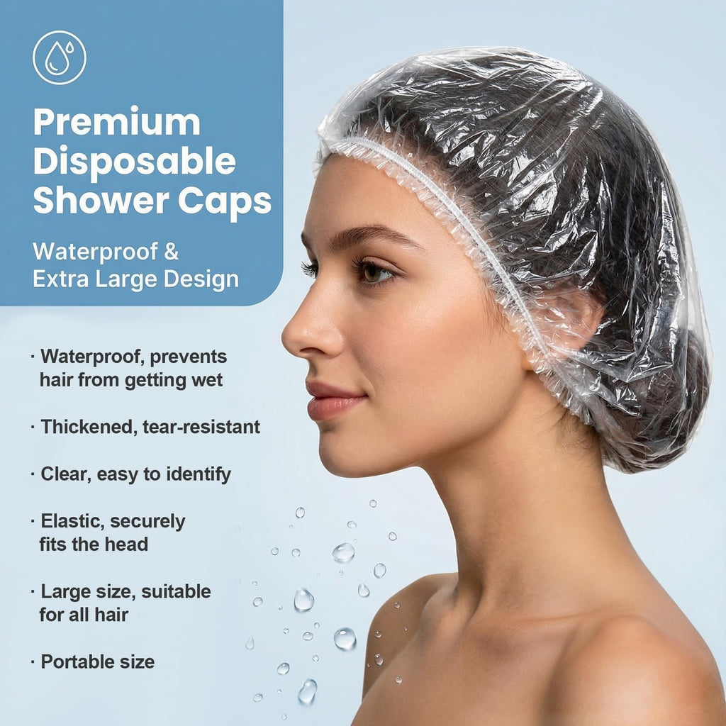 MAQIHAN 100 Disposable Shower Caps Large - 20.5" Thickened Plastic Hair Cap | Waterproof Reusable Hair Cover, Long Hair Treatment Deep Conditioning, Women/Men Essential for Bath, Hair Dye, Travel, Clear