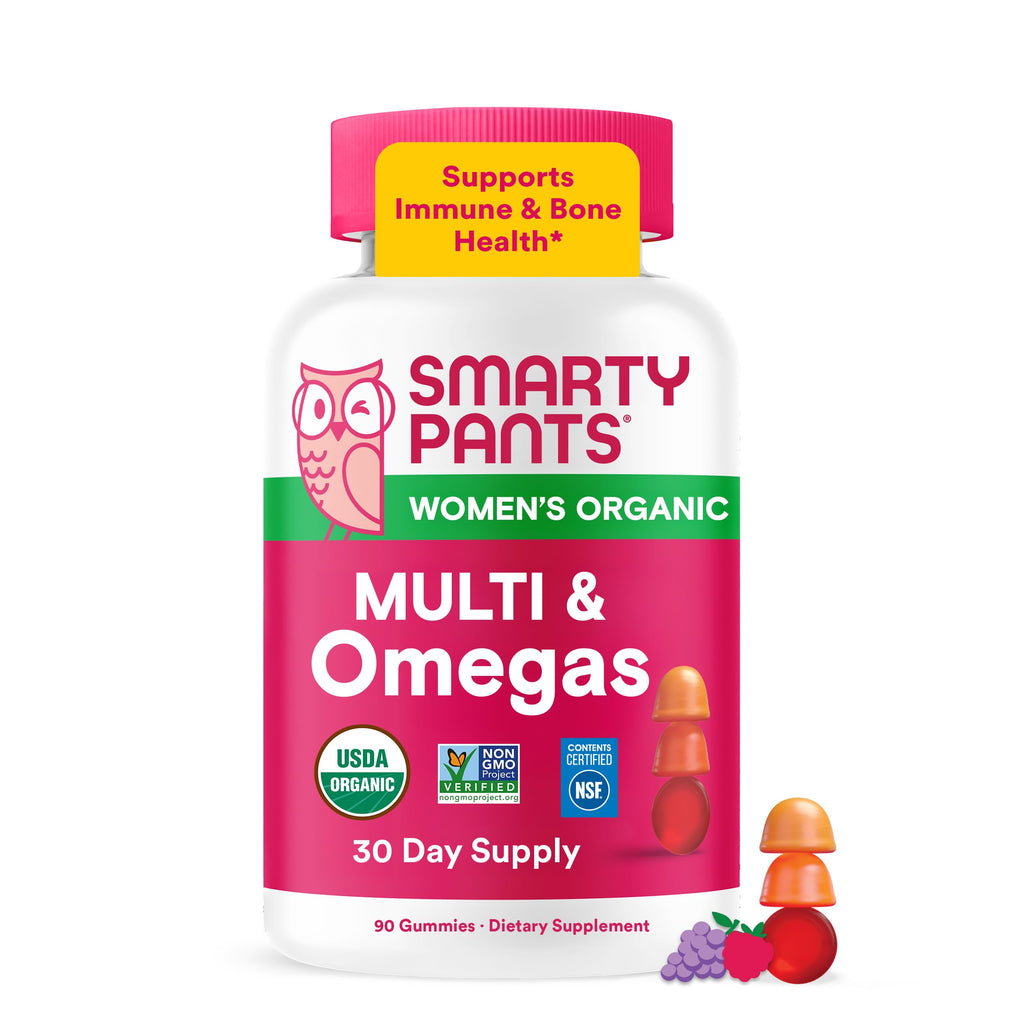 SmartyPants Organic Women's Multivitamin Gummies: Biotin, Probiotics, Methylfolate, Omega 3 (ALA), Vitamin D3, C, Vitamin B12, B6, A, K & Zinc, Inositol, Gluten Free, 120 Count (30 Day Supply)