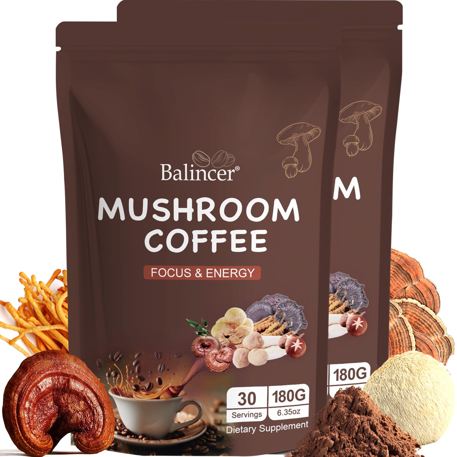 Mushroom Coffee, 6 Adaptogenic Mushrooms (Lion's Mane, Cordyceps, Turkey Tail & Other) Mixed with Premium Instant Coffee for Focus, Energy, Immune and Gut Health Support, 30 Servings