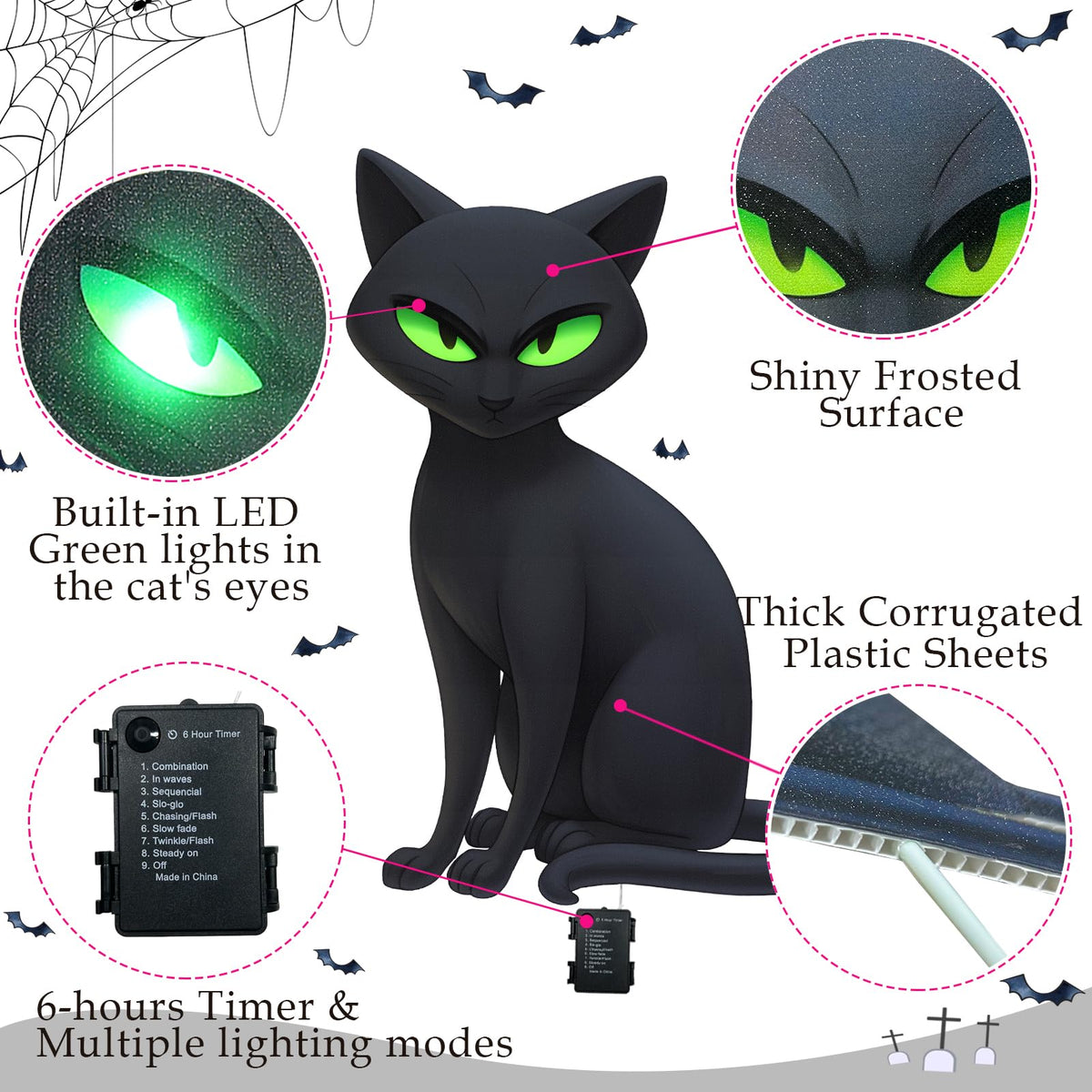 Lighted Black Cat Decor Yard Signs, 4 PCS Halloween Decorations Outdoor Scary Black Cat with LED Lights Glow Eyes for Lawn Garden Yard Stakes Outside Halloween Decoration Decor Clearance