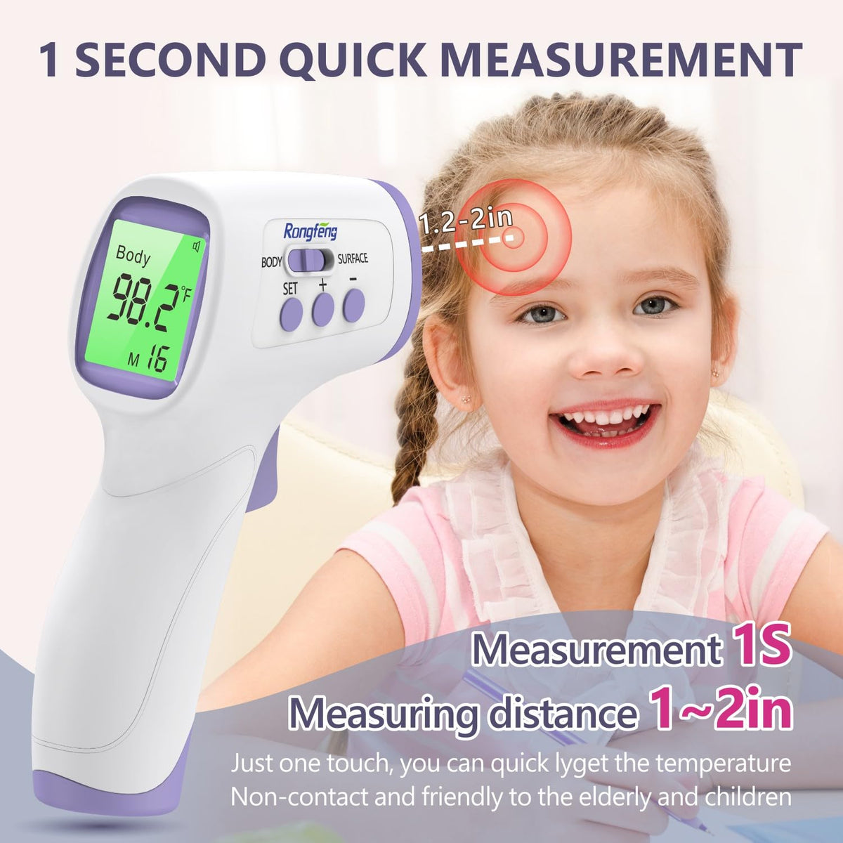 Non‑Contact Forehead Thermometer, 1‑Sec Infrared Thermometer for Baby Kids Adults, Fever Alarm with 3‑Color Backlight, 32‑Memory, Body & Surface Mode, °F/°C Switch, FDA Cleared