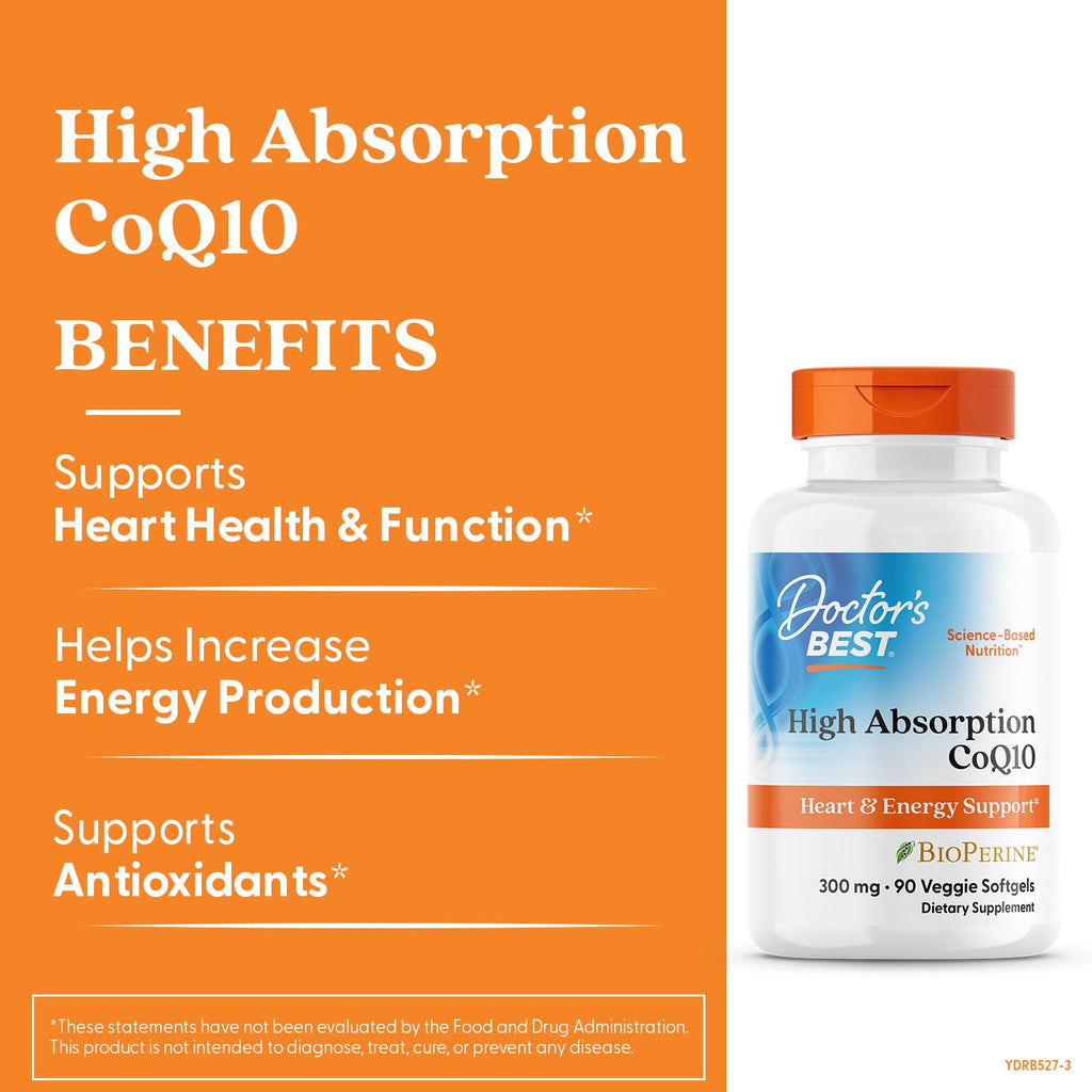 Doctor's Best High Absorption CoQ10 300mg with BioPerine Supplement - Coenzyme Q10 Softgels for Heart Health & Antioxidant Support, CoQ10 300 mg for Women & Men, Non GMO - 90 Veg Softgels