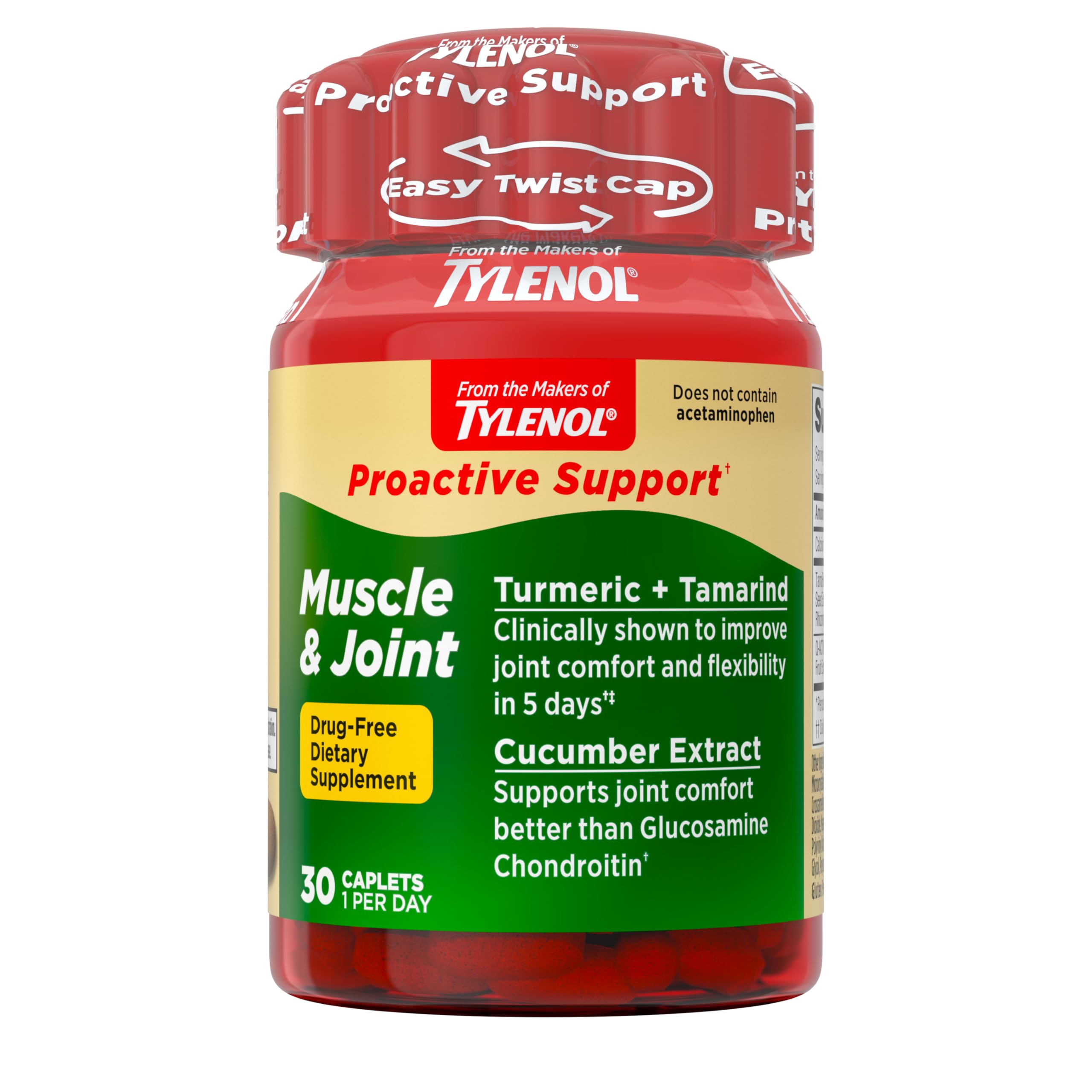 Tylenol Proactive Support Muscle & Joint Supplements + Stress, 30 ct | Drug-Free, Tamarind + Turmeric Supplement, Sceletium Extract, Improves Joint Comfort & Flexibility