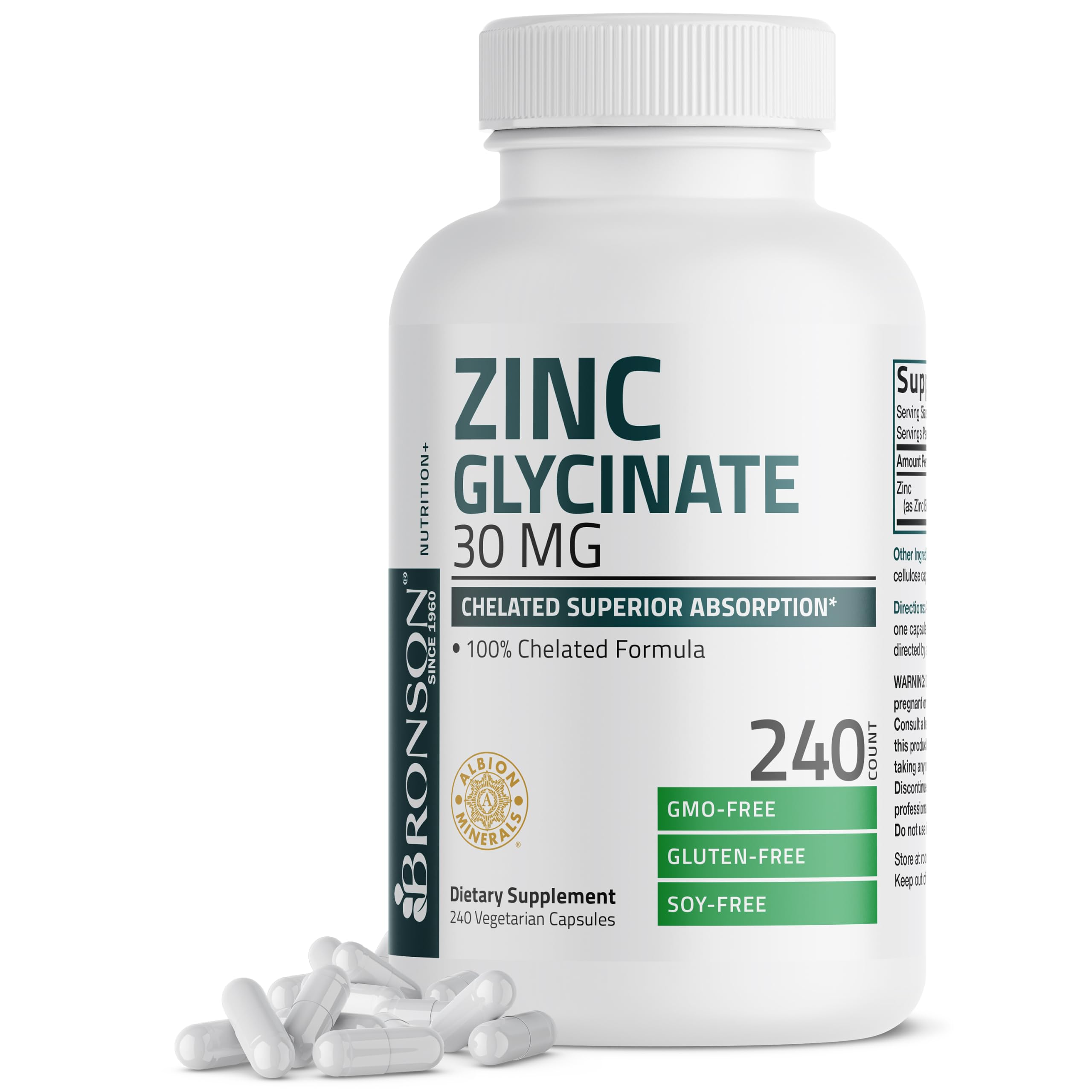 Bronson Zinc Glycinate 30 mg (Zinc Bisglycinate Chelate), 120 Capsules | 100% Chelated Zinc from Albion Minerals for Absorption & Stability, Vegetarian, Non-GMO, Gluten-Free & Soy-Free