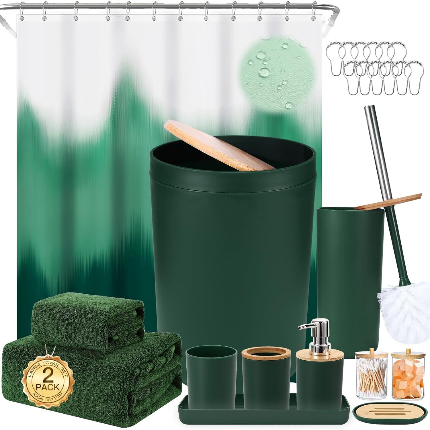 Buy now iMucci 9Pcs Black Bathroom Accessories Set with Trash Can Bathroom Set Black Bathroom Accessories Bathroom Decor Bath Set+Shower Curtain+Bath Towel Set Dark Green at indiglob india