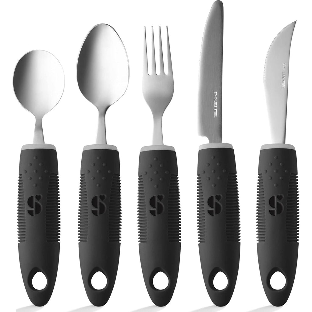 Buy now Special Supplies Adaptive Utensils (5-Piece Kitchen Set) Wide, Non-Weighted, Non-Slip Handles for Hand Tremors, Arthritis, Parkinsonâ€™s or Elderly Use (Black) at indiglob india