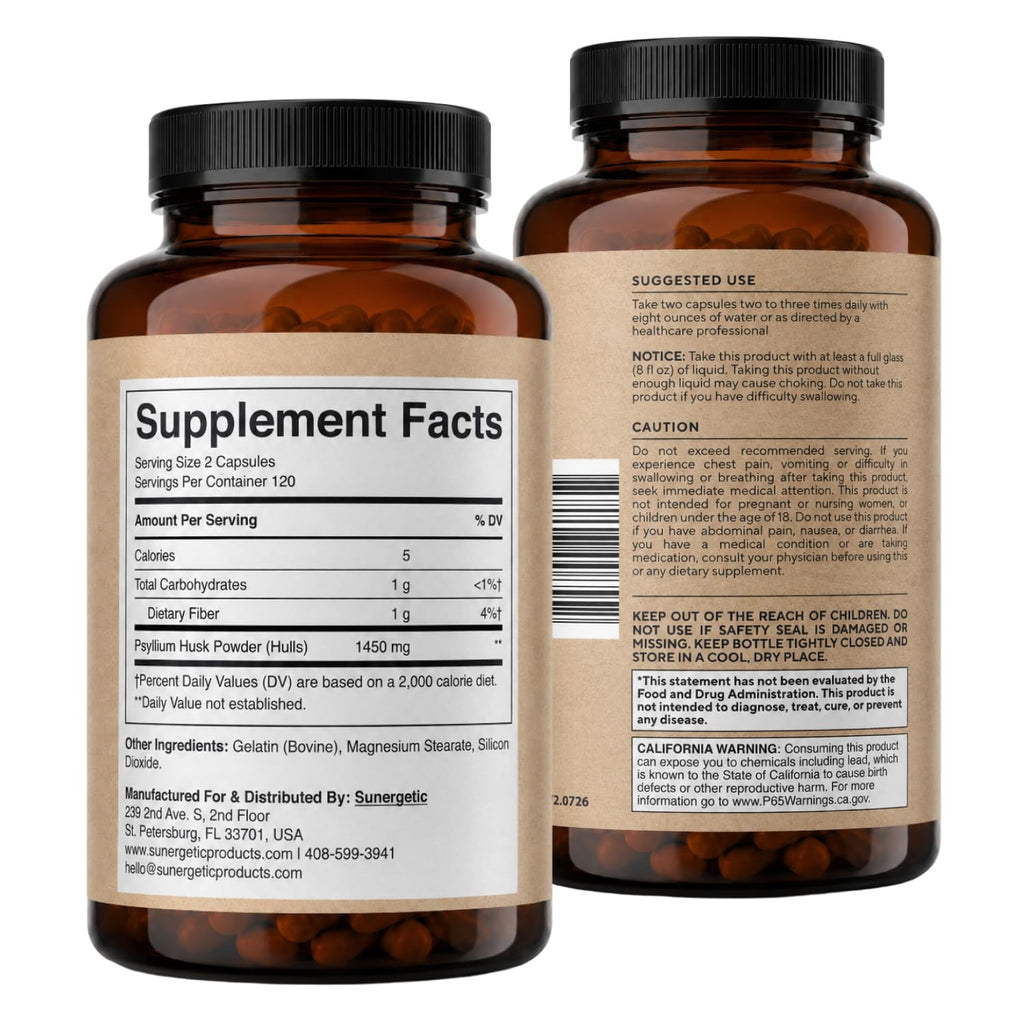 Premium Psyllium Husk Fiber Supplement 1450mg, 240 Capsules | 1,450 mg per 2-capsule serving; supports regularity & digestive health, with 120 servings and no powder mixing