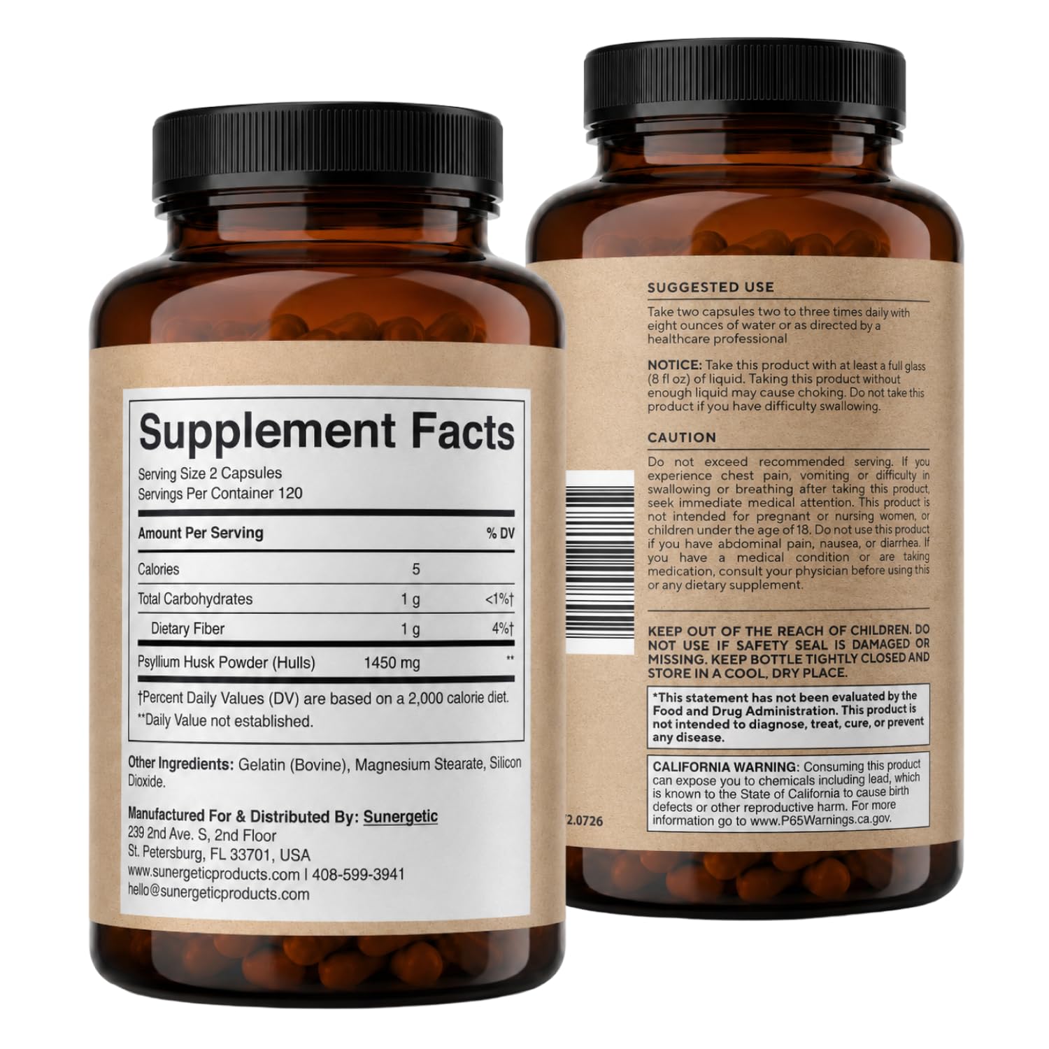 Premium Psyllium Husk Fiber Supplement 1450mg, 240 Capsules | 1,450 mg per 2-capsule serving; supports regularity & digestive health, with 120 servings and no powder mixing
