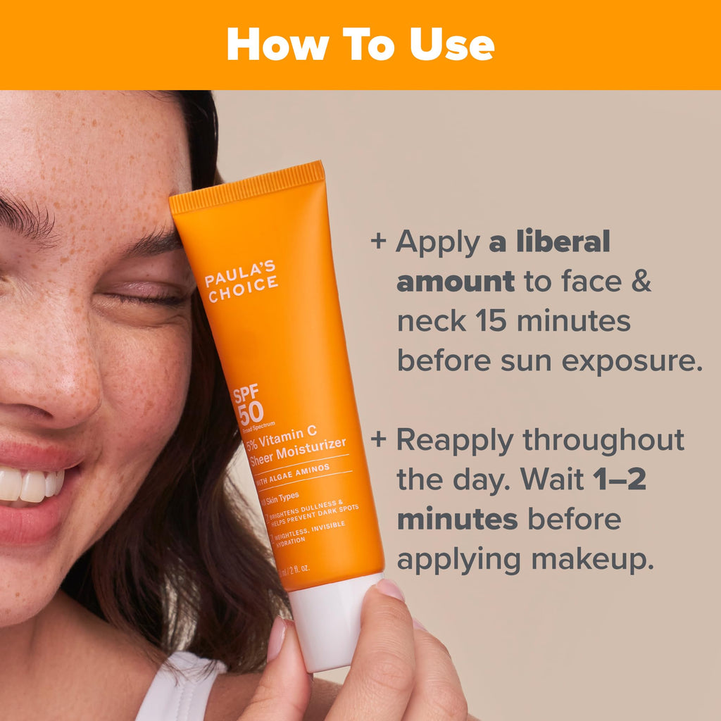 Buy now Paula's Choice 5% Vitamin C Sheer Sunscreen for Face, SPF 50 Face Sunscreen, Moisturizing, Lightweight Invisible, Prevents Dark Spots, No Cast, All Skin Types, UVA/UVB Protection, Fragrance-Free, 2oz at indiglob india