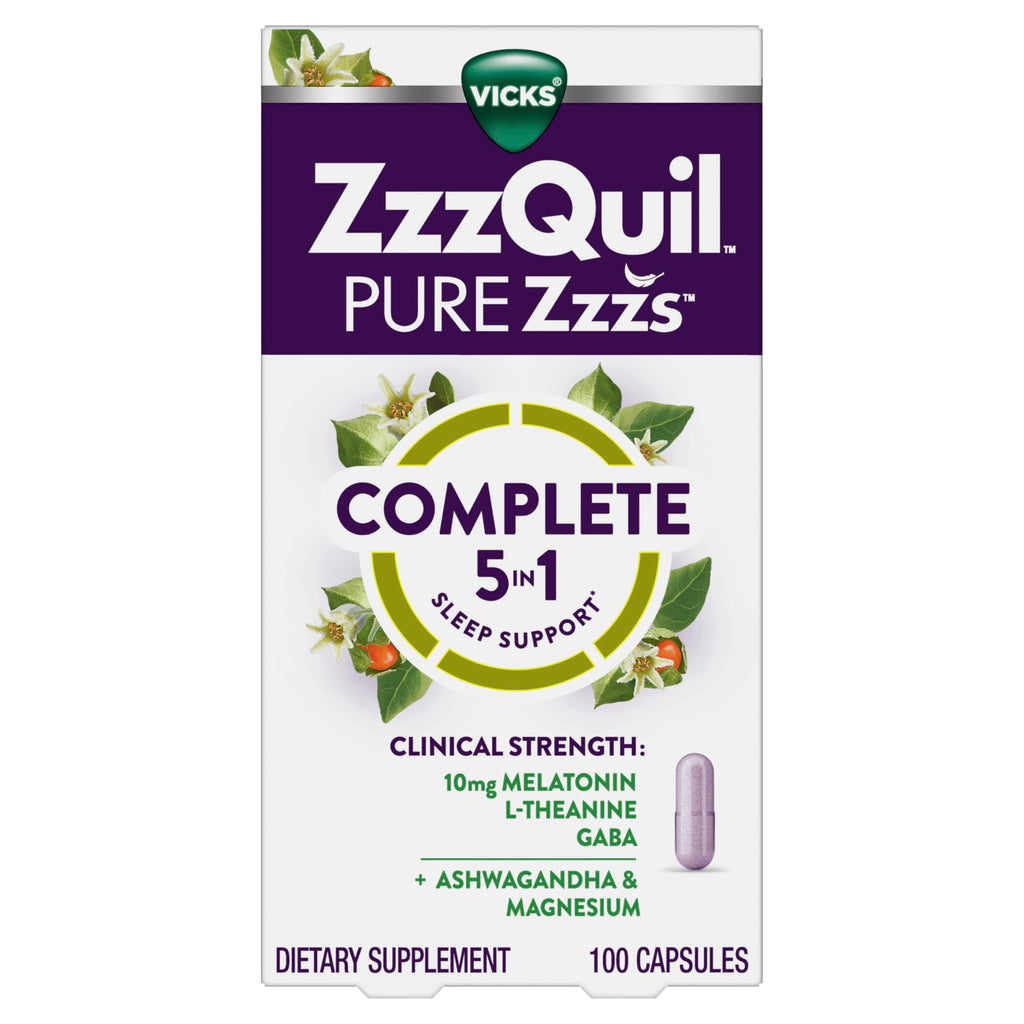 ZzzQuil Pure Zzzs Complete Sleep, Melatonin 10mg, L-Theanine, GABA, with Ashwagandha, and Magnesium, Melatonin Sleep Aid, 100 Count