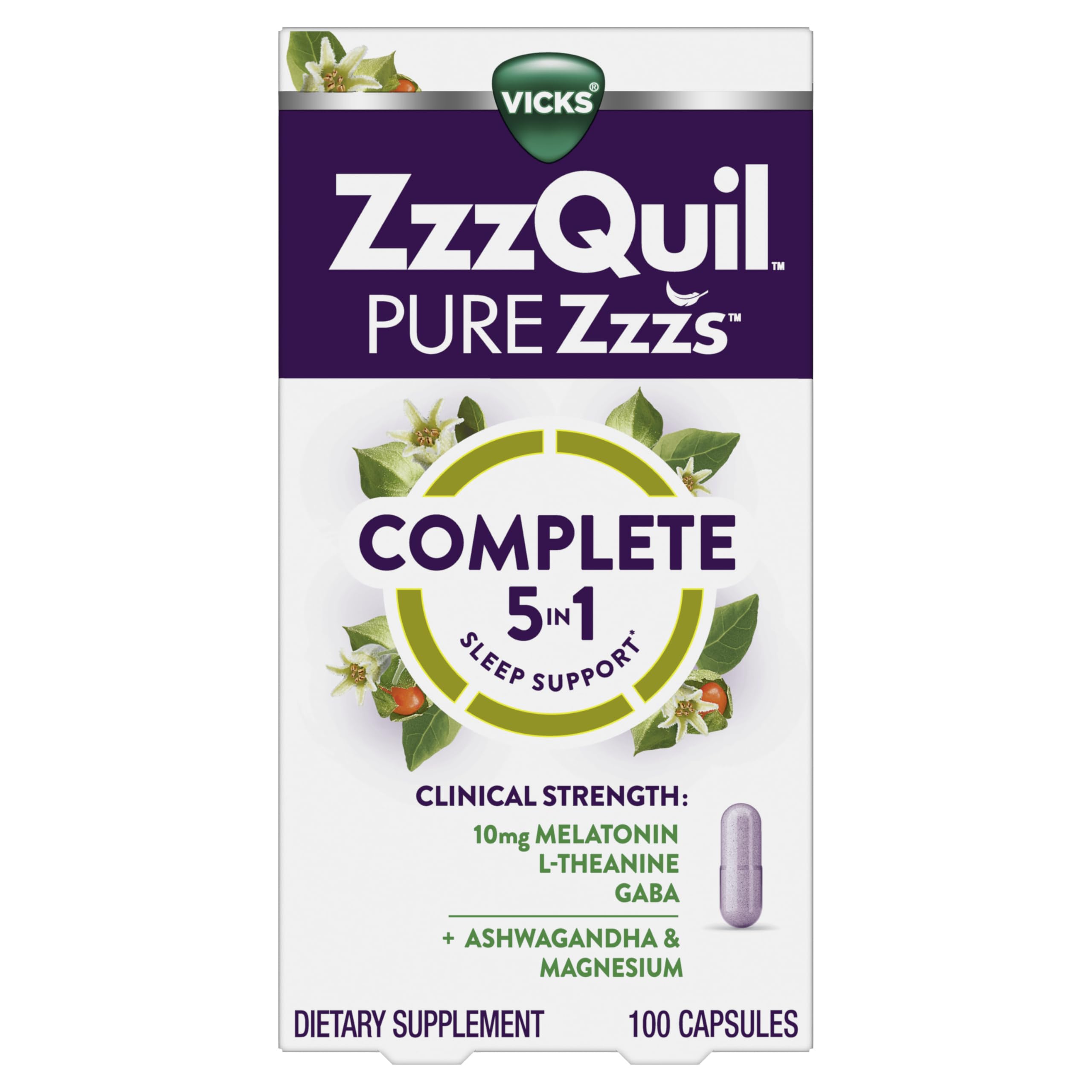 ZzzQuil Pure Zzzs Complete Sleep, Melatonin 10mg, L-Theanine, GABA, with Ashwagandha, and Magnesium, Melatonin Sleep Aid, 100 Count