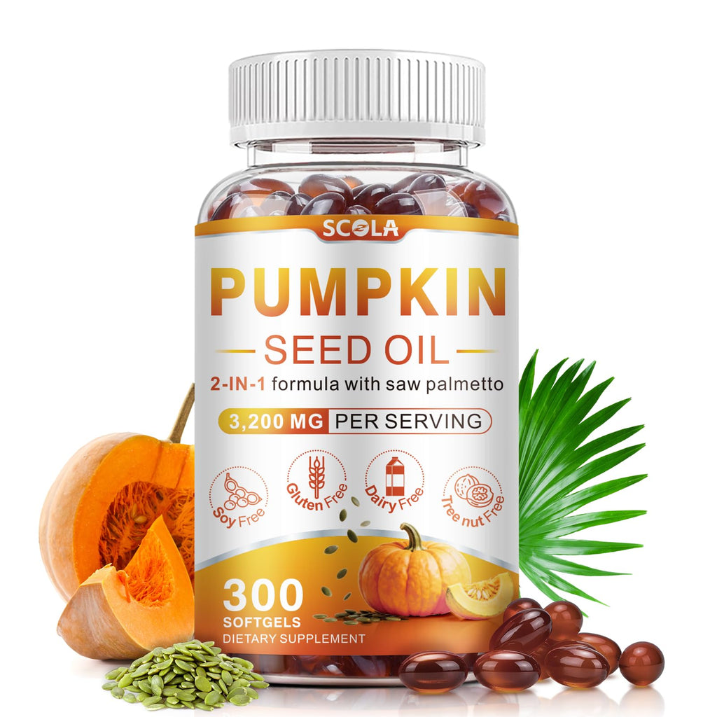SCOLA Pumpkin Seed Oil with Saw Palmetto,3200mg/Serving,300 Softgels | Cold-Pressed with Essential Fatty Acids & Phytosterols ,Supports Hair , Immune,Bladder & Prostate Health ,Non-GMO