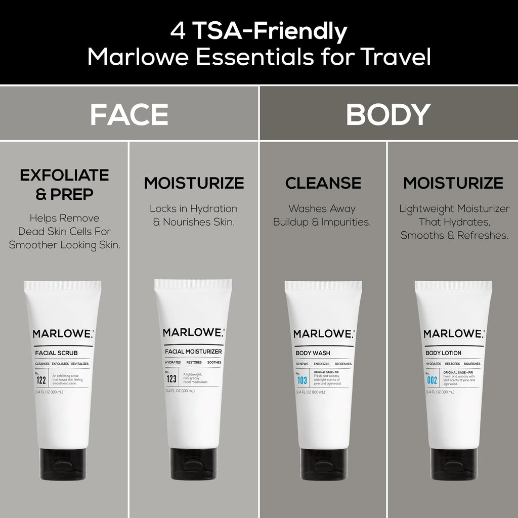 MARLOWE.Men's Travel Kit, Face + Body Essentials, TSA Friendly 3.4 oz Each | Travel Essentials, TSA Friendly Body Wash, Body Lotion, Facial Scrub & Facial Moisturizer