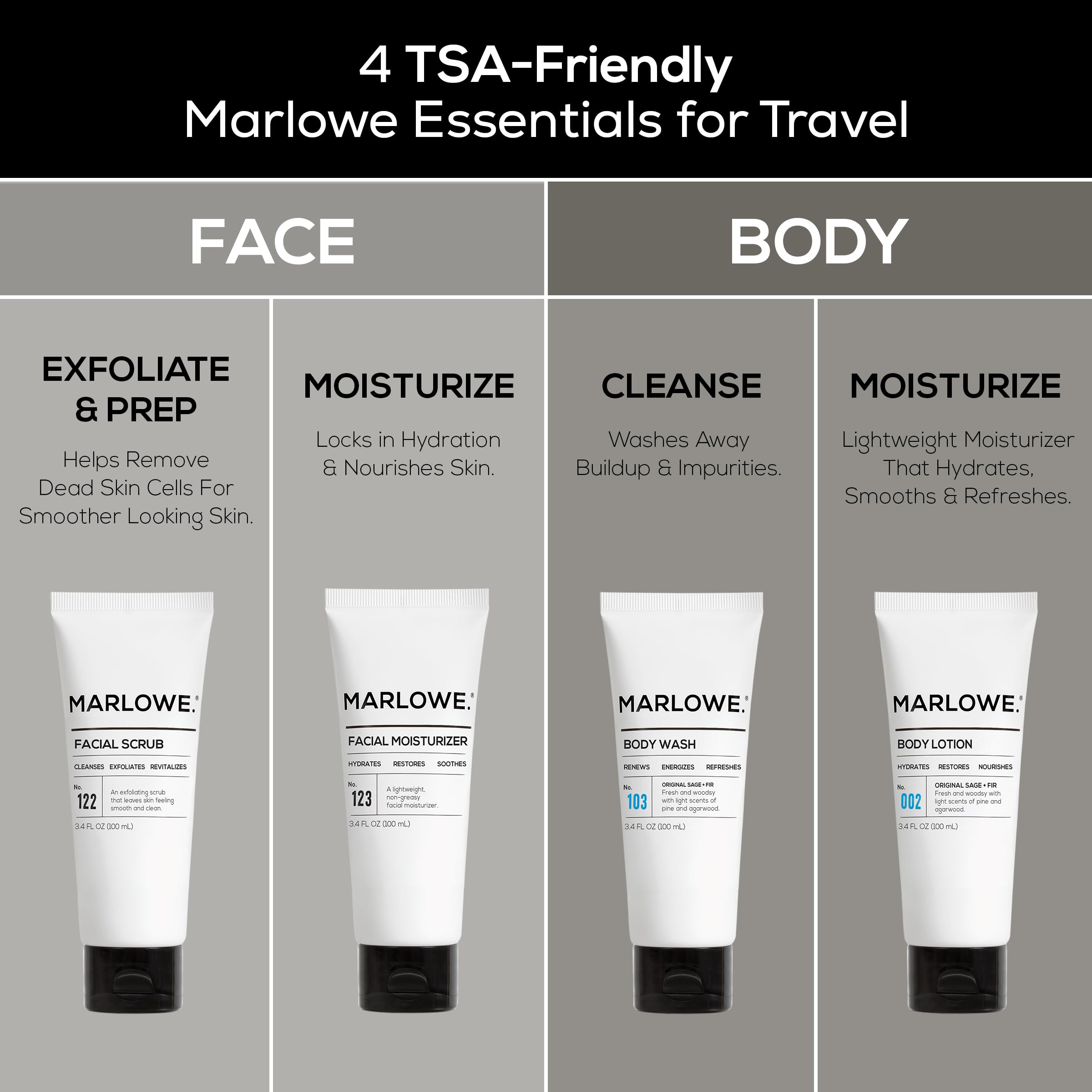 MARLOWE.Men's Travel Kit, Face + Body Essentials, TSA Friendly 3.4 oz Each | Travel Essentials, TSA Friendly Body Wash, Body Lotion, Facial Scrub & Facial Moisturizer