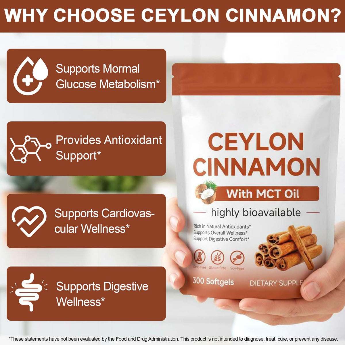 Ceylon Cinnamon Capsules 300 Softgels - Cinnamon Supplements with MCT Oil - Natural Antioxidant - Supports Normal Glucose Metabolism, Cardiovascular Wellness & Digestive Balance for Adults