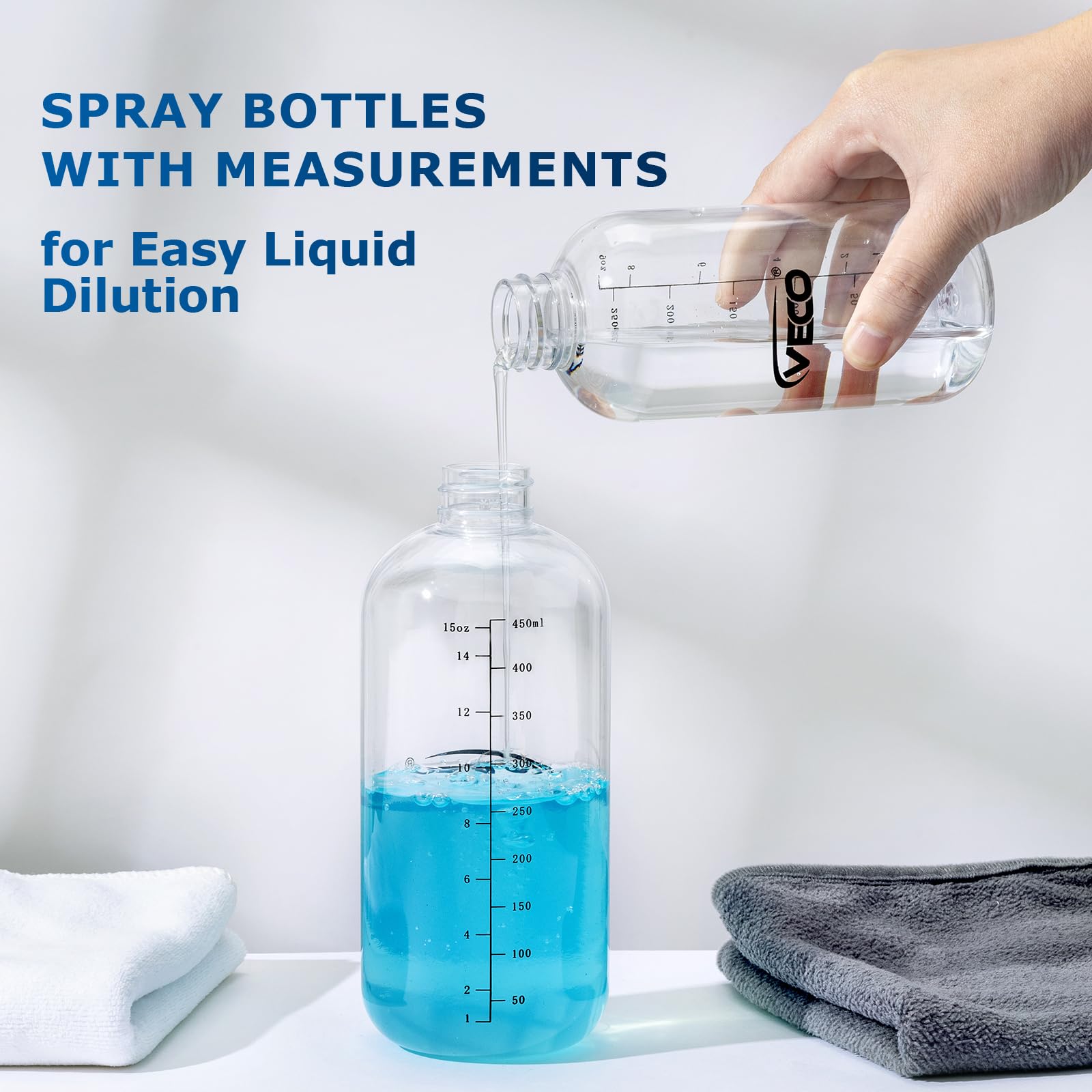 Veco 15oz Graduated Spray Bottles, 4-Pack — 360° Any-Angle Spraying for Easy Dilution, Leak-Resistant spray bottles for Cleaning, Plants, Hair & Pet Use + Foldable Funnel