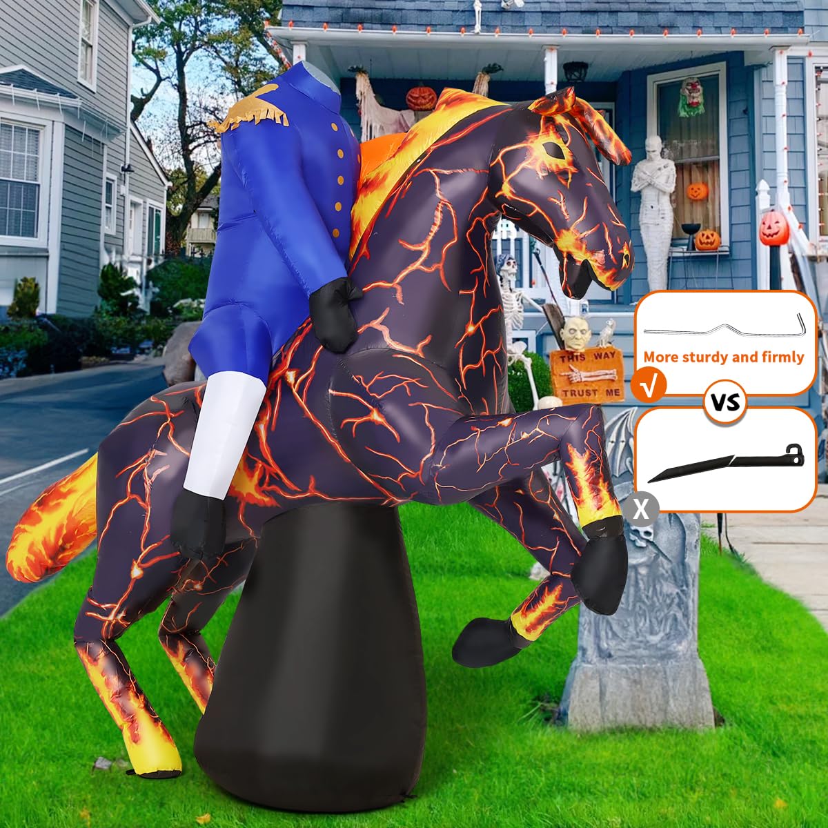 COMIN 6FT Long Halloween Inflatables Headless Horseman Outdoor Decorations Blow Up Lightning Horse Yard with Built-in LEDs for Indoor Party Garden Lawn Decor