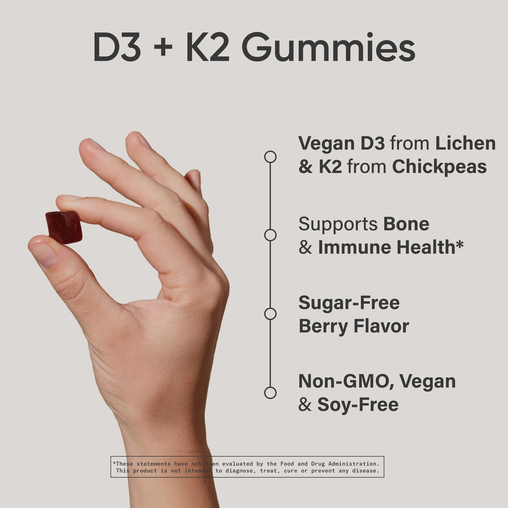 Sports Research® Vegan Vitamin D3 + K2 Sugar-Free Gummies, 60 Count | 125mcg (5000iu) Vitamin D w/ 100mcg Mk7 Vitamin K - Supports Bone & Immune Health* - Vegan Certified · Non-GMO · Soy Free