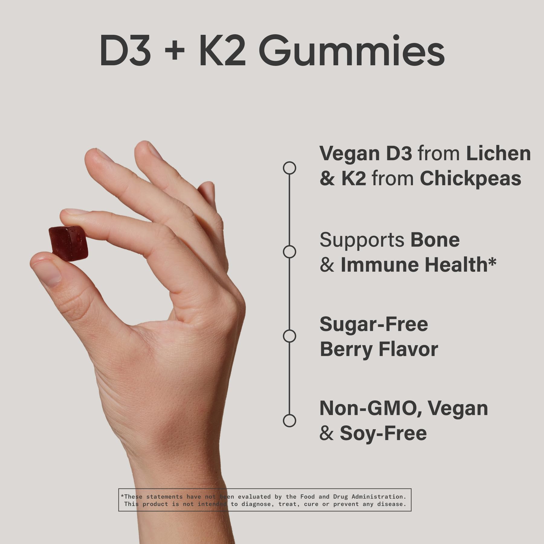 Sports Research® Vegan Vitamin D3 + K2 Sugar-Free Gummies, 60 Count | 125mcg (5000iu) Vitamin D w/ 100mcg Mk7 Vitamin K - Supports Bone & Immune Health* - Vegan Certified · Non-GMO · Soy Free