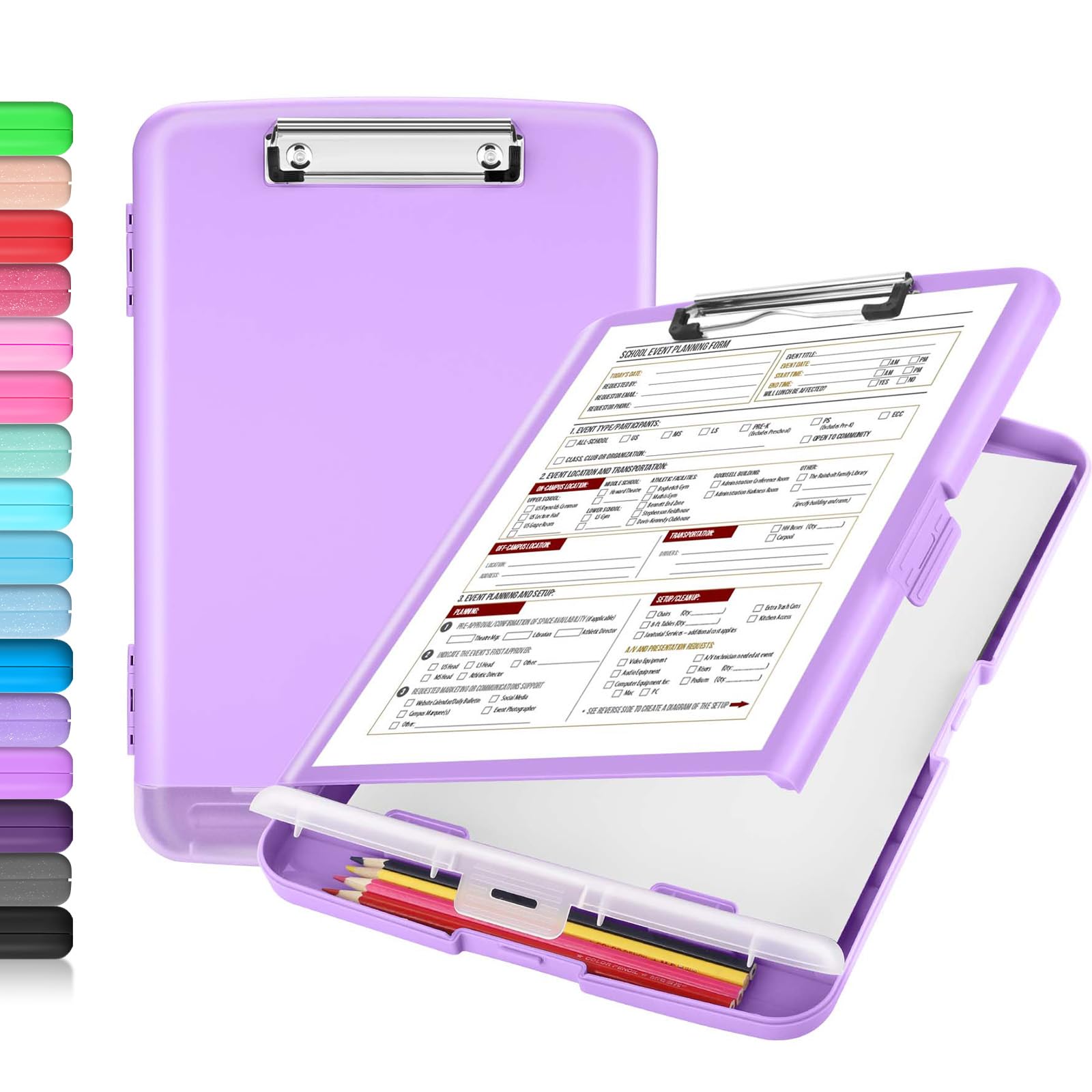 Buy now Sooez Clipboard with Storage, Clip Board 8.5 x 11 with Pen Holder, Plastic Organization Case Box for Letter Legal A4 Size Paper, Low Profile Clip, Nurses Teachers Must Haves, School & Office Supplies Lavender Purple at indiglob india