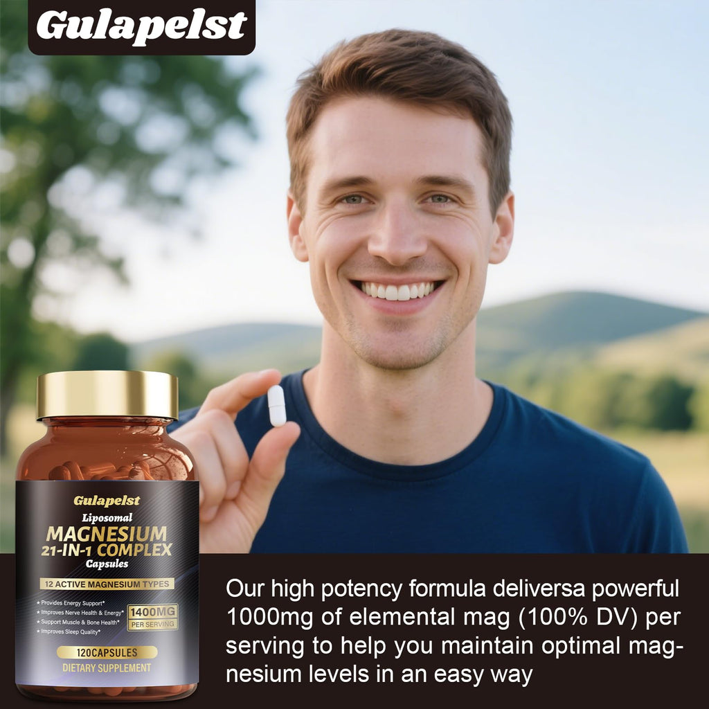 21 in 1 Liposomal 1400mg Magnesium Complex (Citrate, Glycinate, Malate etc) Capsule - 12 Active Types Magnesium with Vitamin D3, B6, B12, C, Ashwagandha & CoQ10 for Women & Men - Support Bone & Muscle