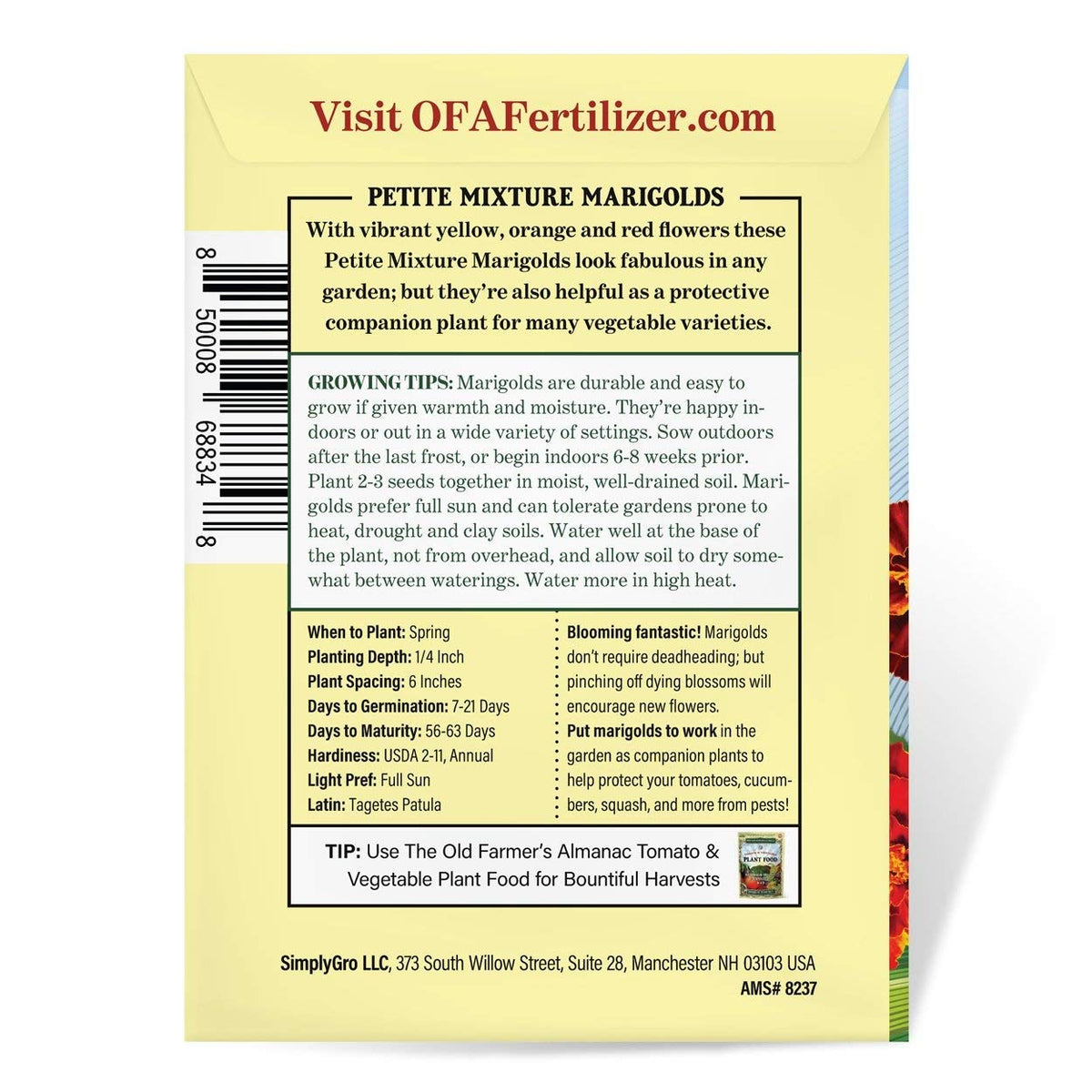 The Old Farmer's Almanac Petite Mixture Marigold Seeds - Premium Non-GMO, Open Pollinated, USA Origin - Approx 200 Flower Seeds