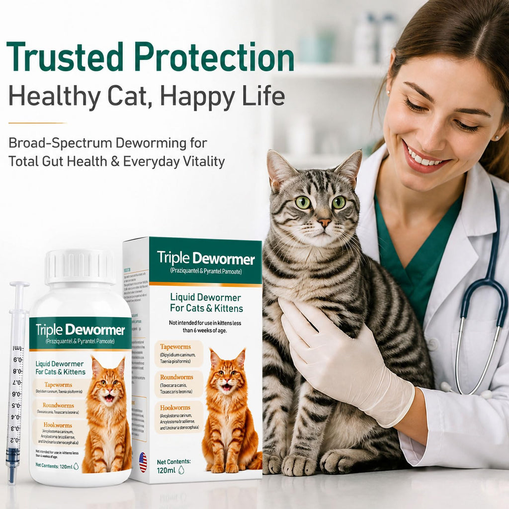 Cat Dewormer Triple Dewormer for All Worms Broad Spectrum Liquid Formula for Tapeworms, Roundworms & Hookworms, 120 mL