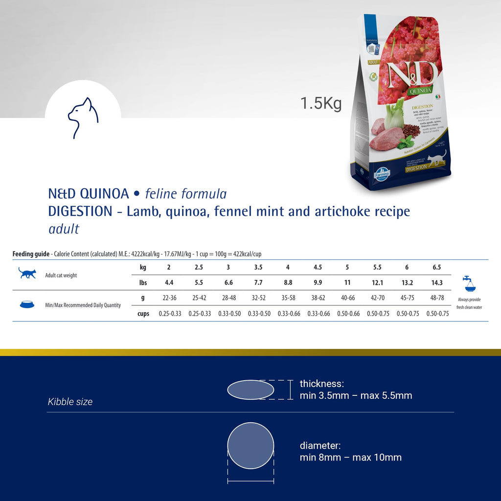 Farmina N&D, Quinoa Digestion Lamb Quinoa Fennel and Mint Recipe Dry Cat Food, 3.3lb
