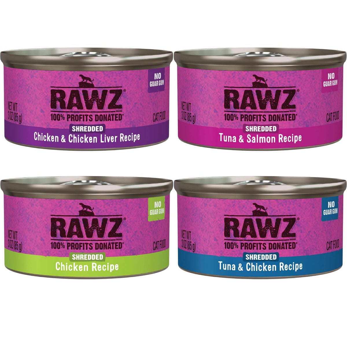 Rawz Natural Premium Canned Cat Wet Food Shredded -12 Pack Cans Variety Pack -4 Flavors with Yow Pet Lid- (Tuna & Salmon, Chicken & Liver, Tuna & Chicken, Chicken)- (3oz Cans)