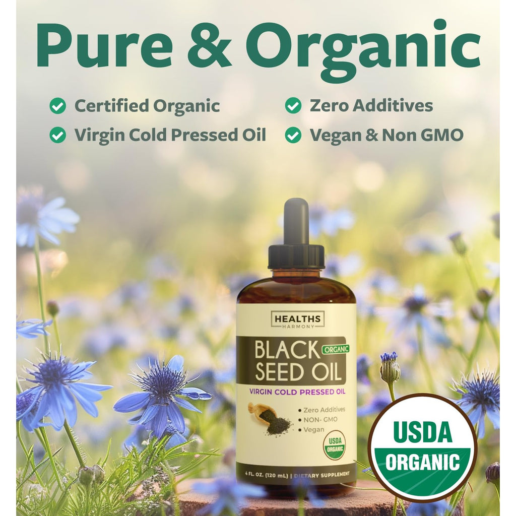 USDA Organic Black Seed Oil Liquid (4 fl oz) Premium Cold-Pressed Nigella Sativa Producing Pure Black Cumin Seed Oil - Antioxidant Supplement - Vegan, Gluten-Free, & Non-GMO (No Pills or Capsules)