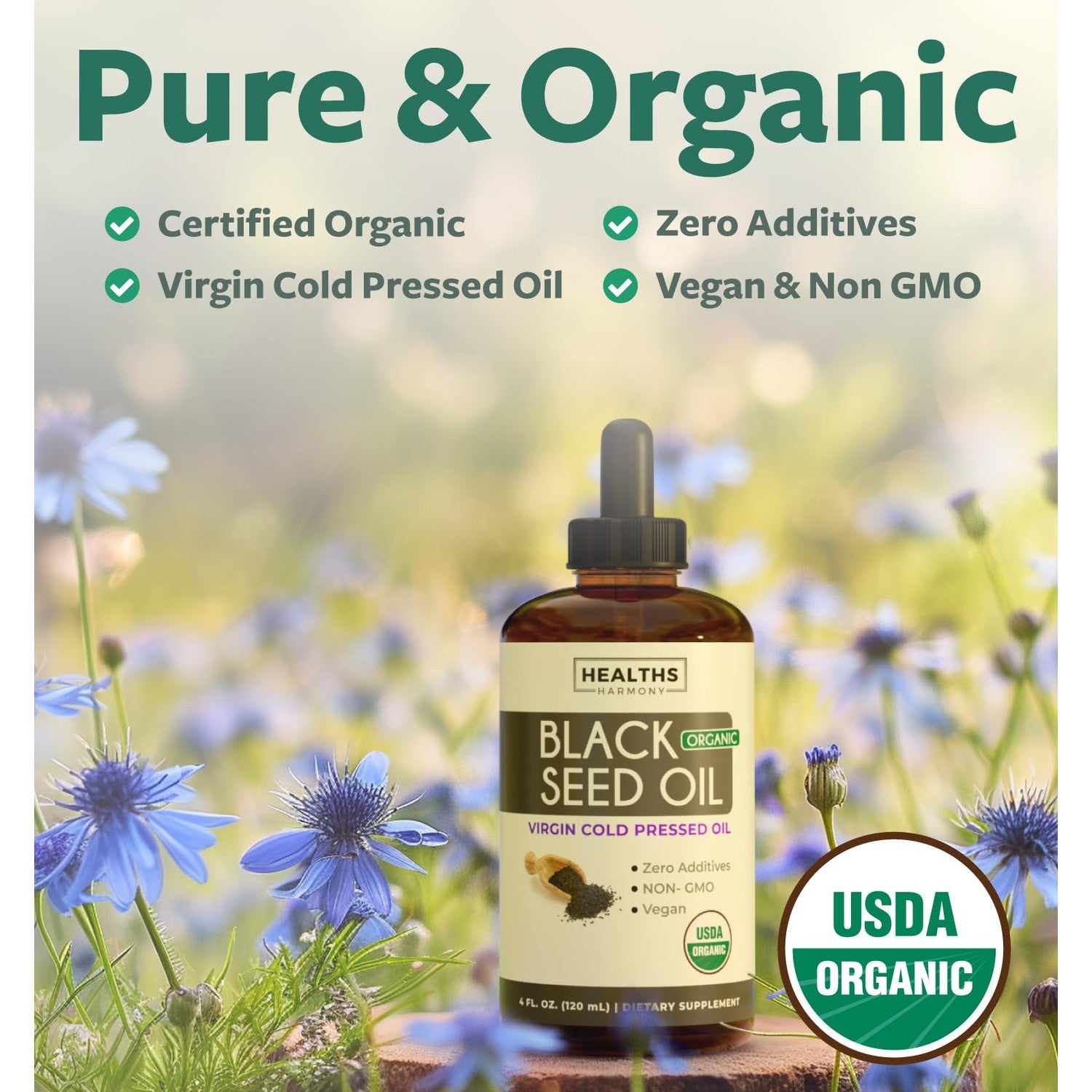 USDA Organic Black Seed Oil Liquid (4 fl oz) Premium Cold-Pressed Nigella Sativa Producing Pure Black Cumin Seed Oil - Antioxidant Supplement - Vegan, Gluten-Free, & Non-GMO (No Pills or Capsules)