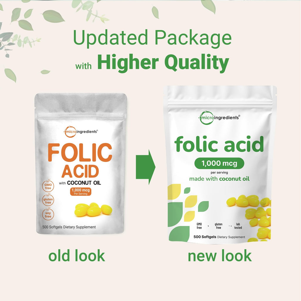 Folic Acid 1,000 mcg, 500 Coconut Oil Softgels (1mg) | Essential Prenatal Vitamins (Vitamin B9) | 1,667 mcg DFE | Third Party Tested, No Artificial Colors or Flavors | Non-GMO, Gluten Free