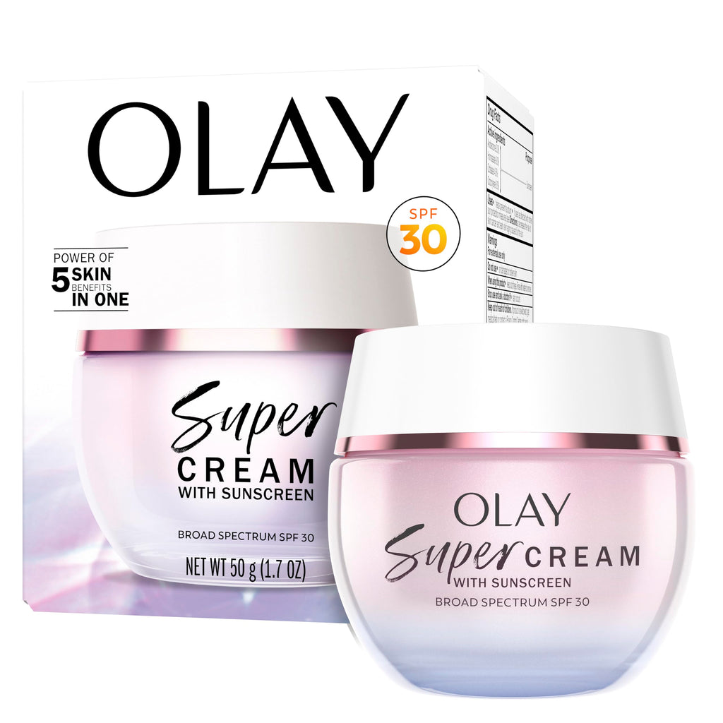Olay Super Cream with Sunscreen SPF 30, Lightweight Face Moisturizer with Sun Protection, 5-in-1 Skin Care Benefits - Hydrating, Brightening, Firming - Niacinamide, Vitamin C, Collagen Peptide, 1.7 oz