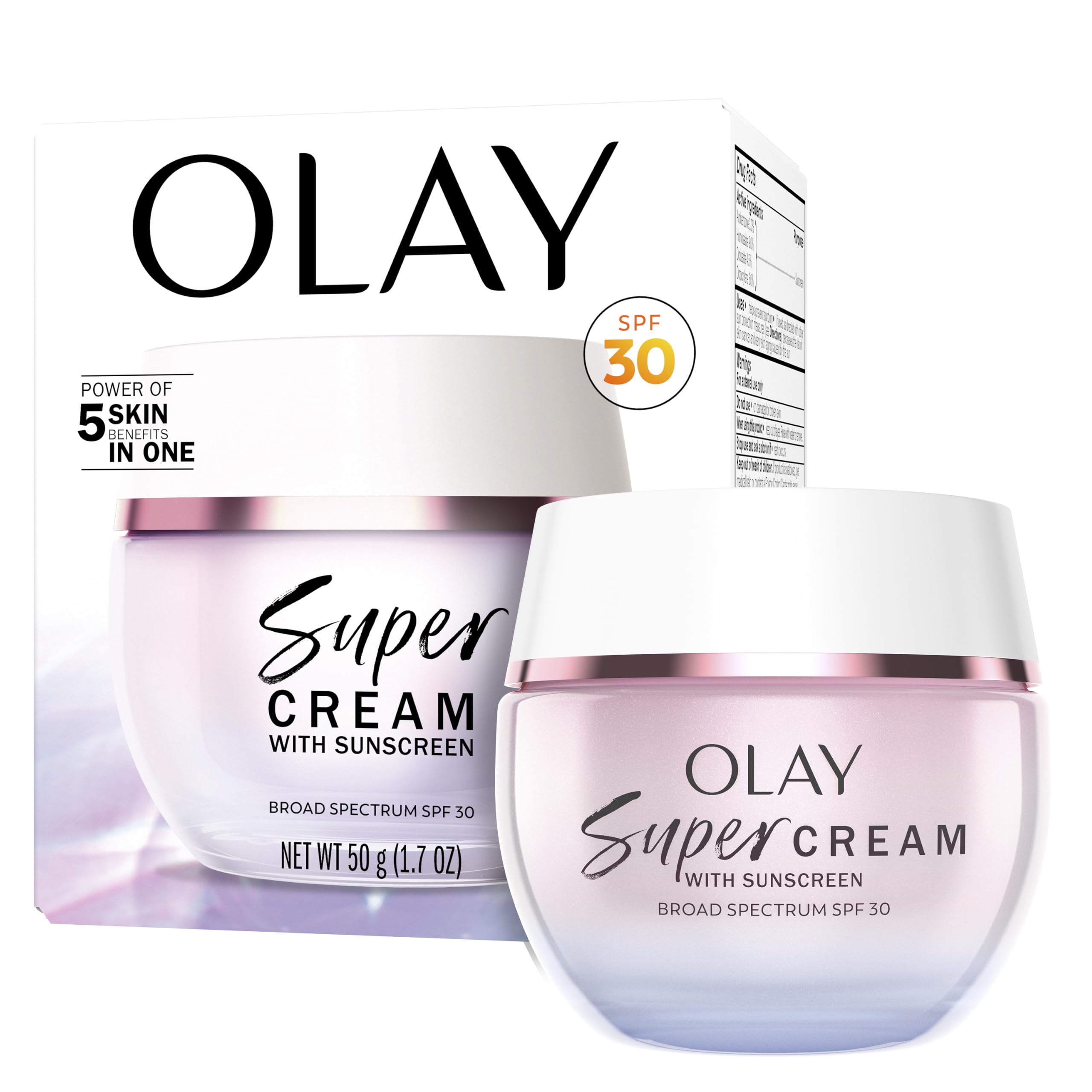 Olay Super Cream with Sunscreen SPF 30, Lightweight Face Moisturizer with Sun Protection, 5-in-1 Skin Care Benefits - Hydrating, Brightening, Firming - Niacinamide, Vitamin C, Collagen Peptide, 1.7 oz
