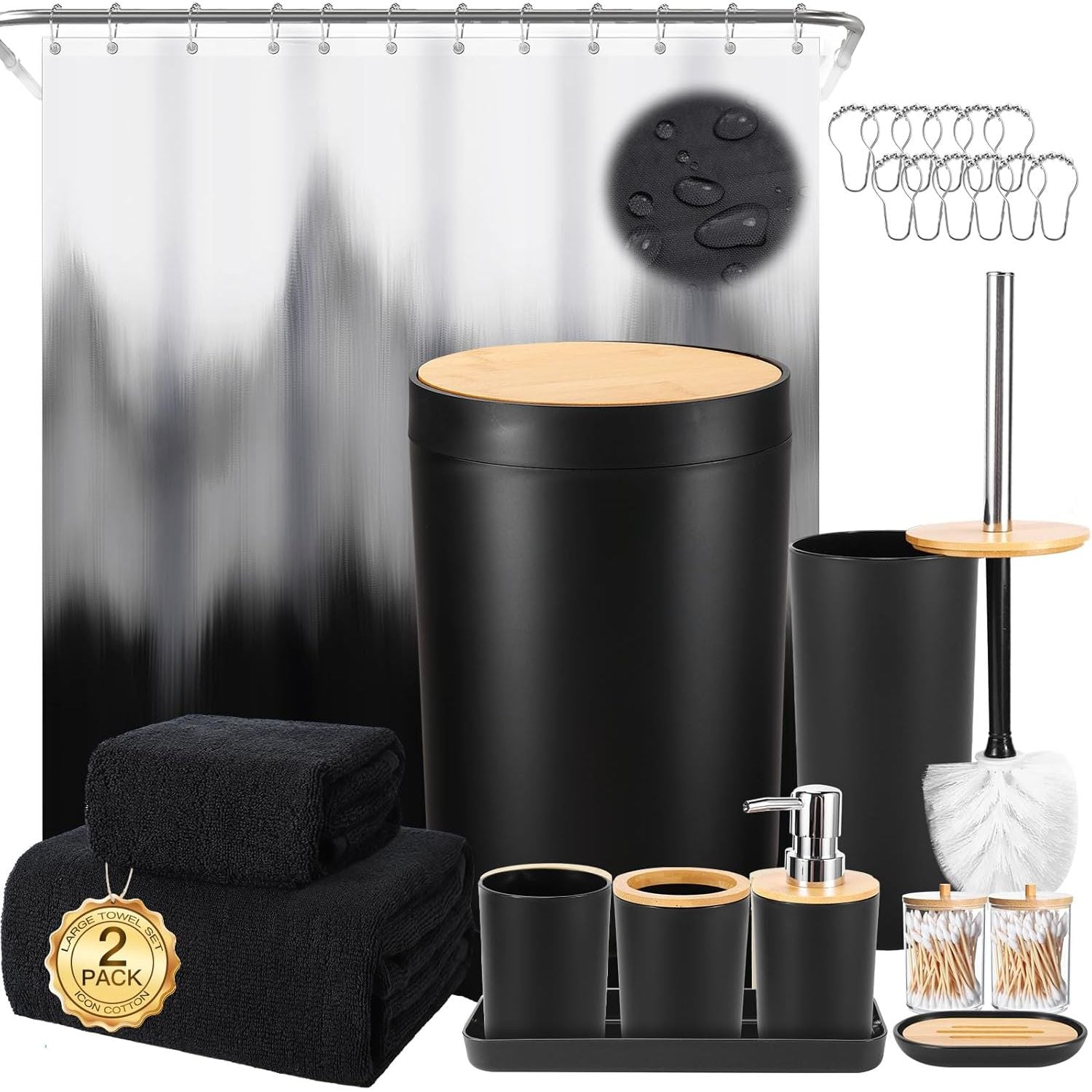 Buy now iMucci 9Pcs Black Bathroom Accessories Set with Trash Can Bathroom Set Black Bathroom Accessories Bathroom Decor Bath Set+Shower Curtain+Bath Towel Set Black at indiglob india