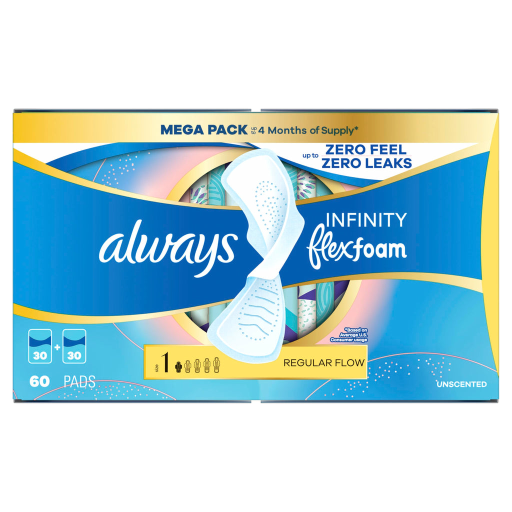 Always Infinity FlexFoam Pads for Women, Size 1, Regular Pad with Wings, Unscented, Up to Zero Feel, Zero Leaks, 60 Count