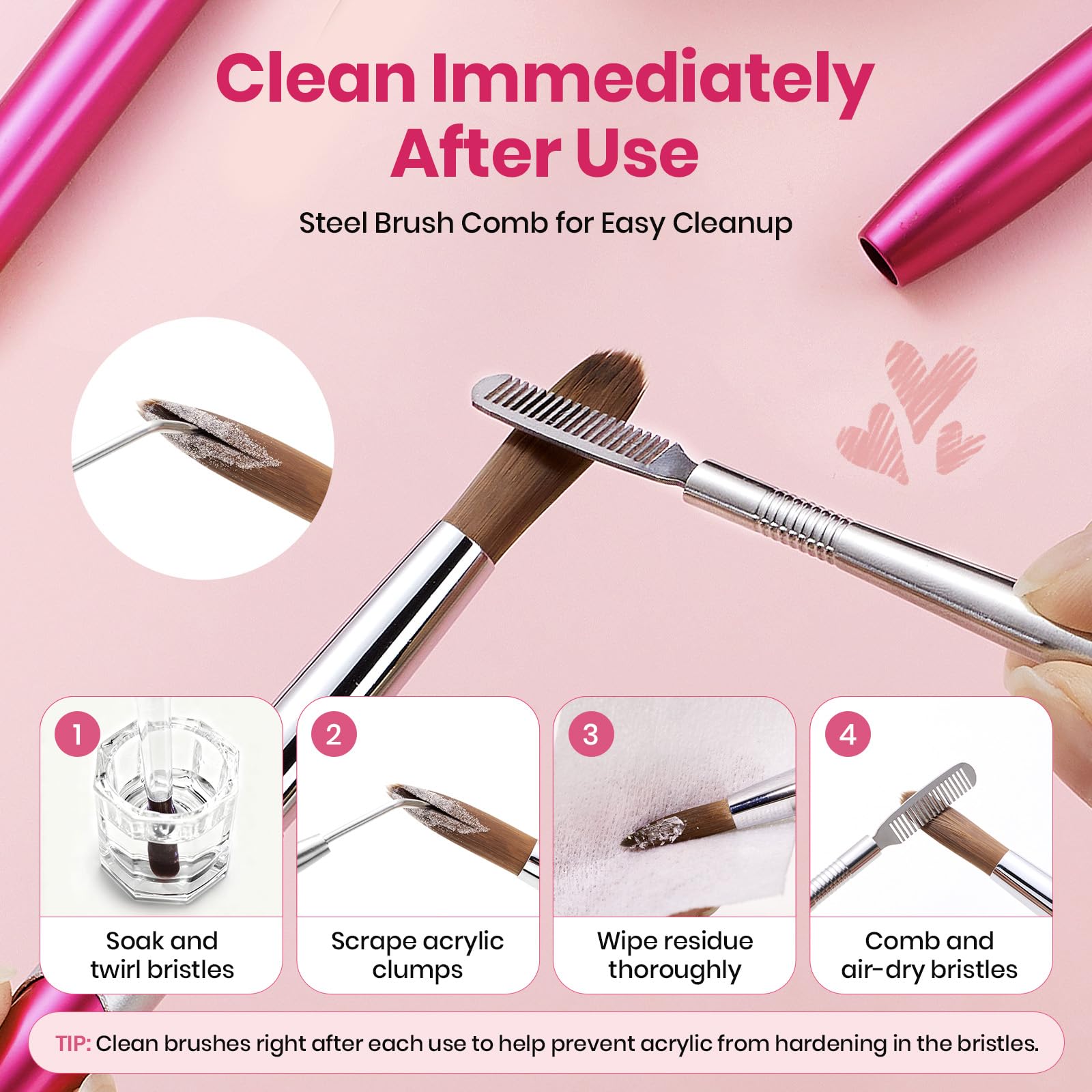 Beetles Acrylic Nail Brush Set, 3Pcs Size 6/10/14 for Acrylic Powder | Includes 3 Size Brushes with a Steel Cleaning Comb for Acrylic Powder Application, Extensions, and 3D Carving DIY Nail Art