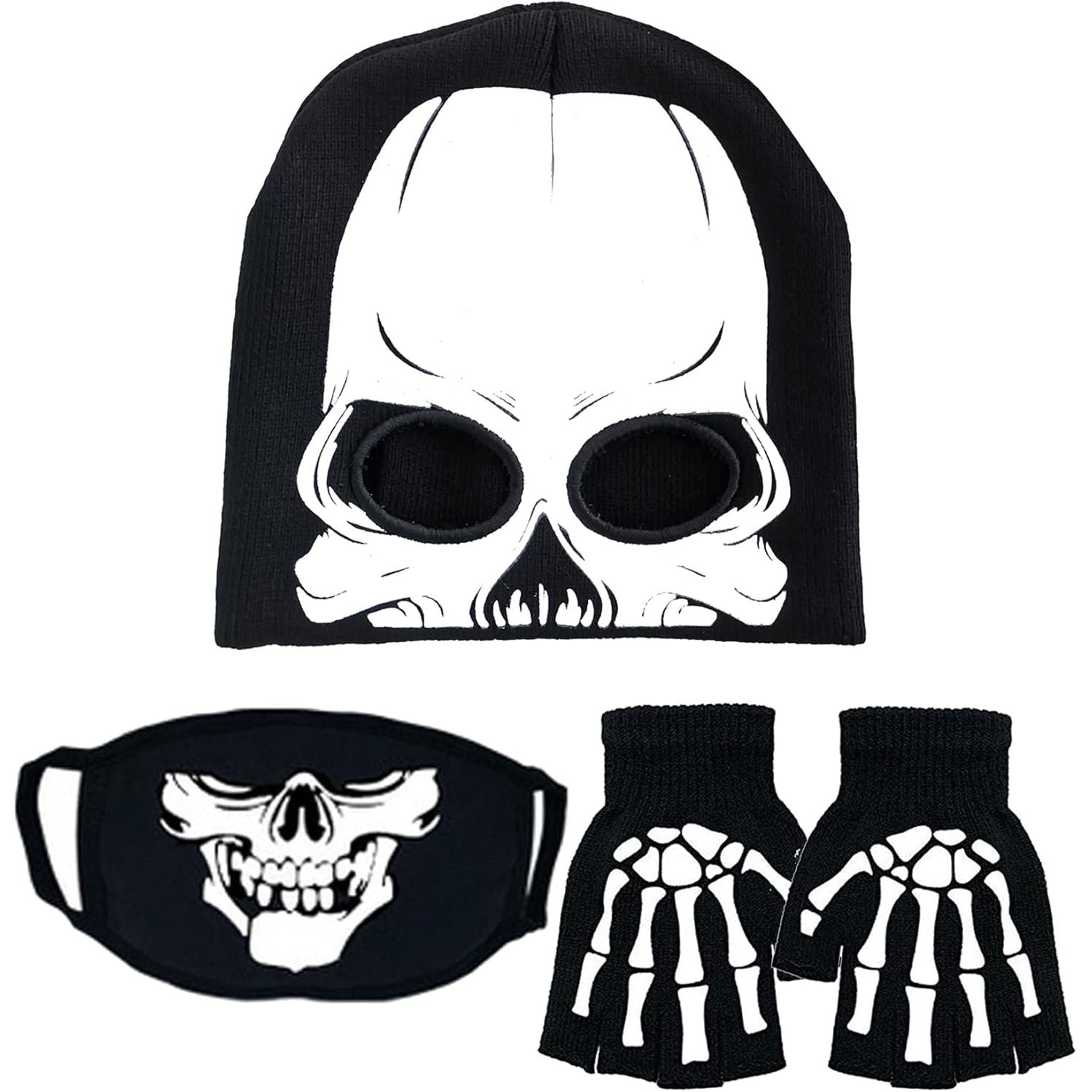 Buy now Skeleton Face Mask Knit Beanie with Eye Holes Halloween Skull Dress Up Headdress Cap Winter Warm Hat Beanie+mask+glove at indiglob india
