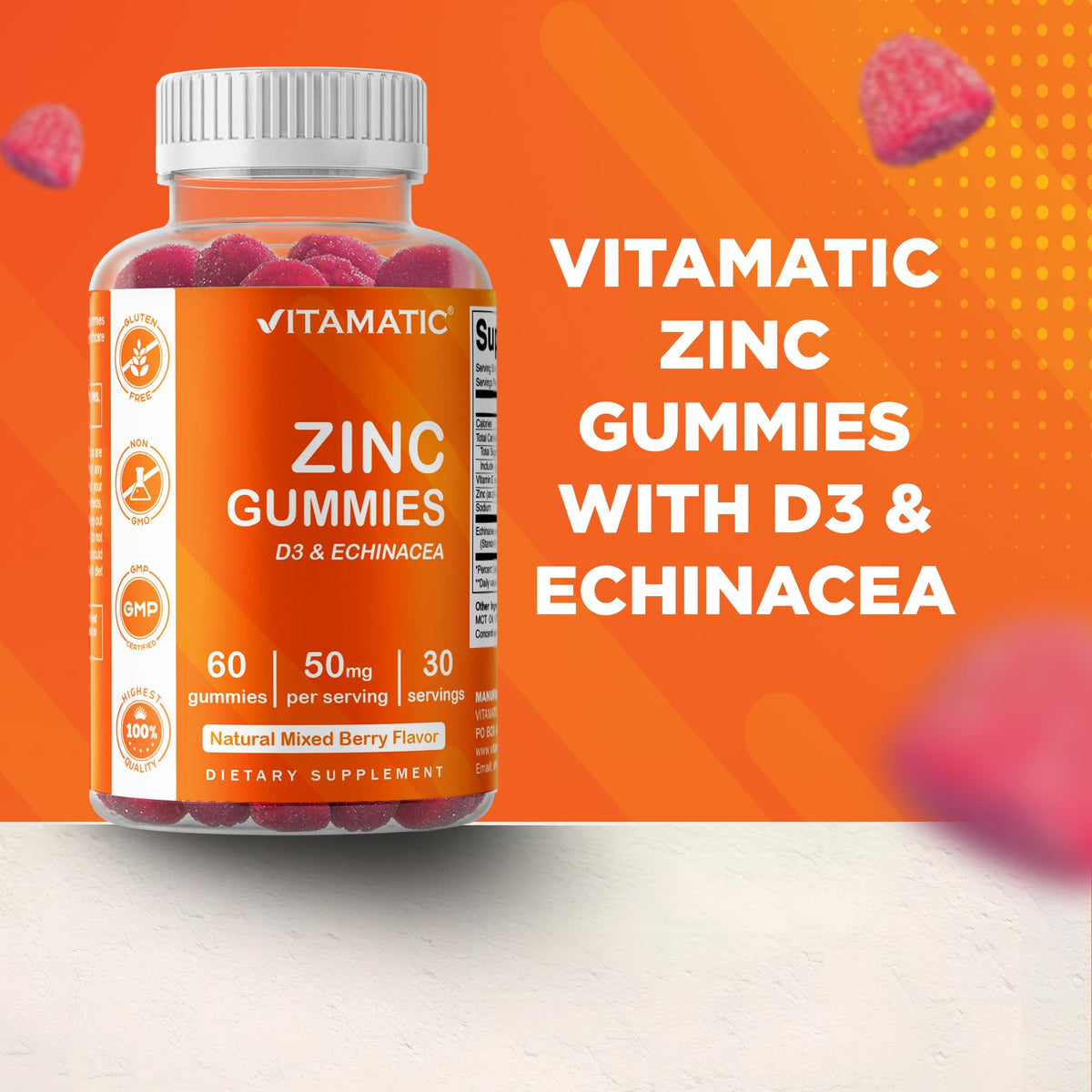 Vitamatic Zinc 50mg Gummies – 60 Vegan Gummies Gluten Free – Healthy Immune Support for Adults, Men & Women