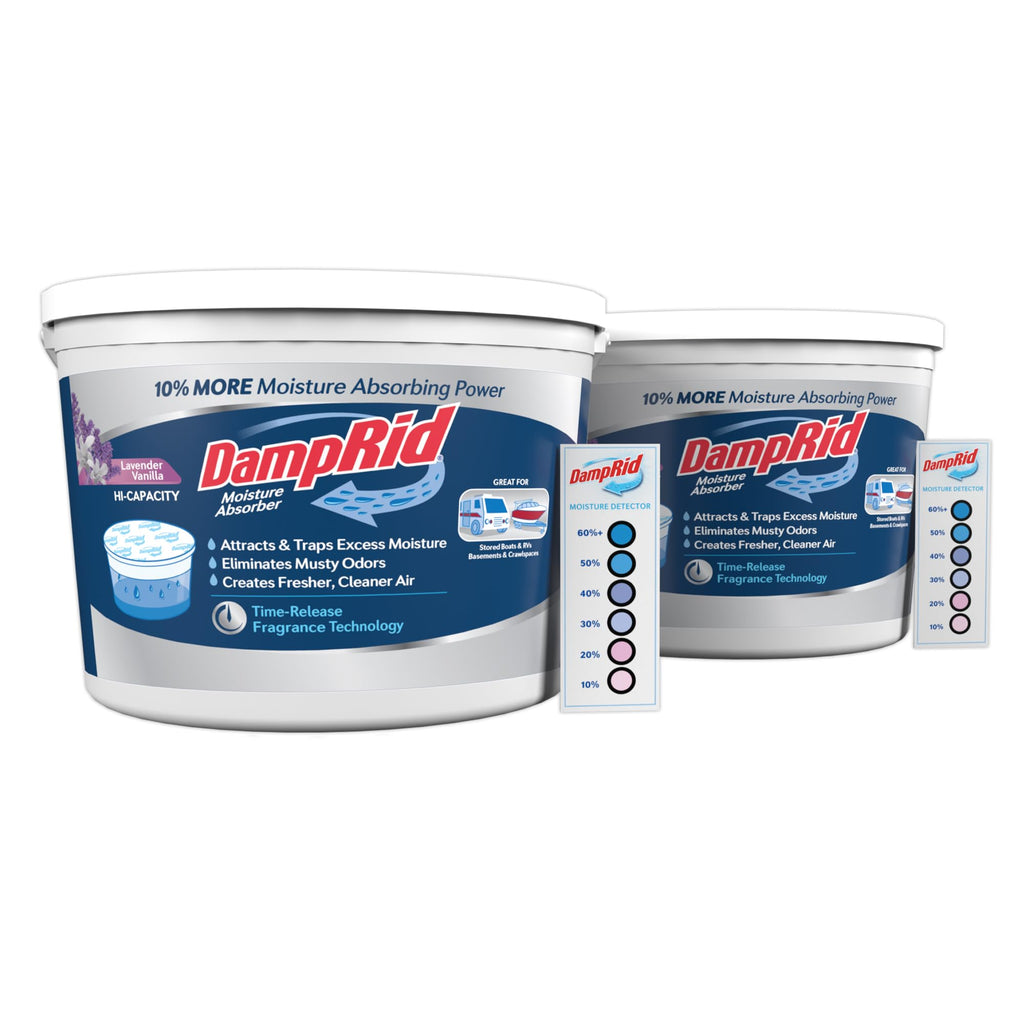 DampRid Hi-Capacity Moisture Absorber Bucket, Lavender Vanilla, 2 lb. 15.5 oz. & Moisture Detection Strip (2 Pack), Attracts & Traps Excess Moisture